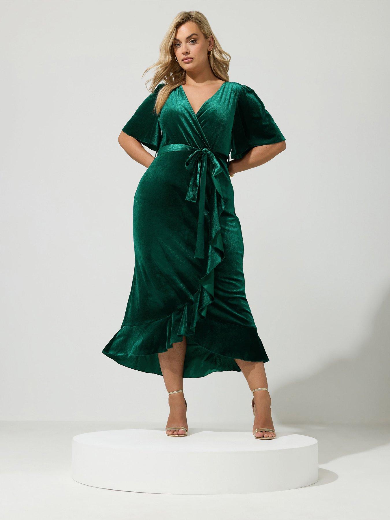 Image 1 of 4 of Yours Curve Velvet Ruffle Wrap Dress - Green