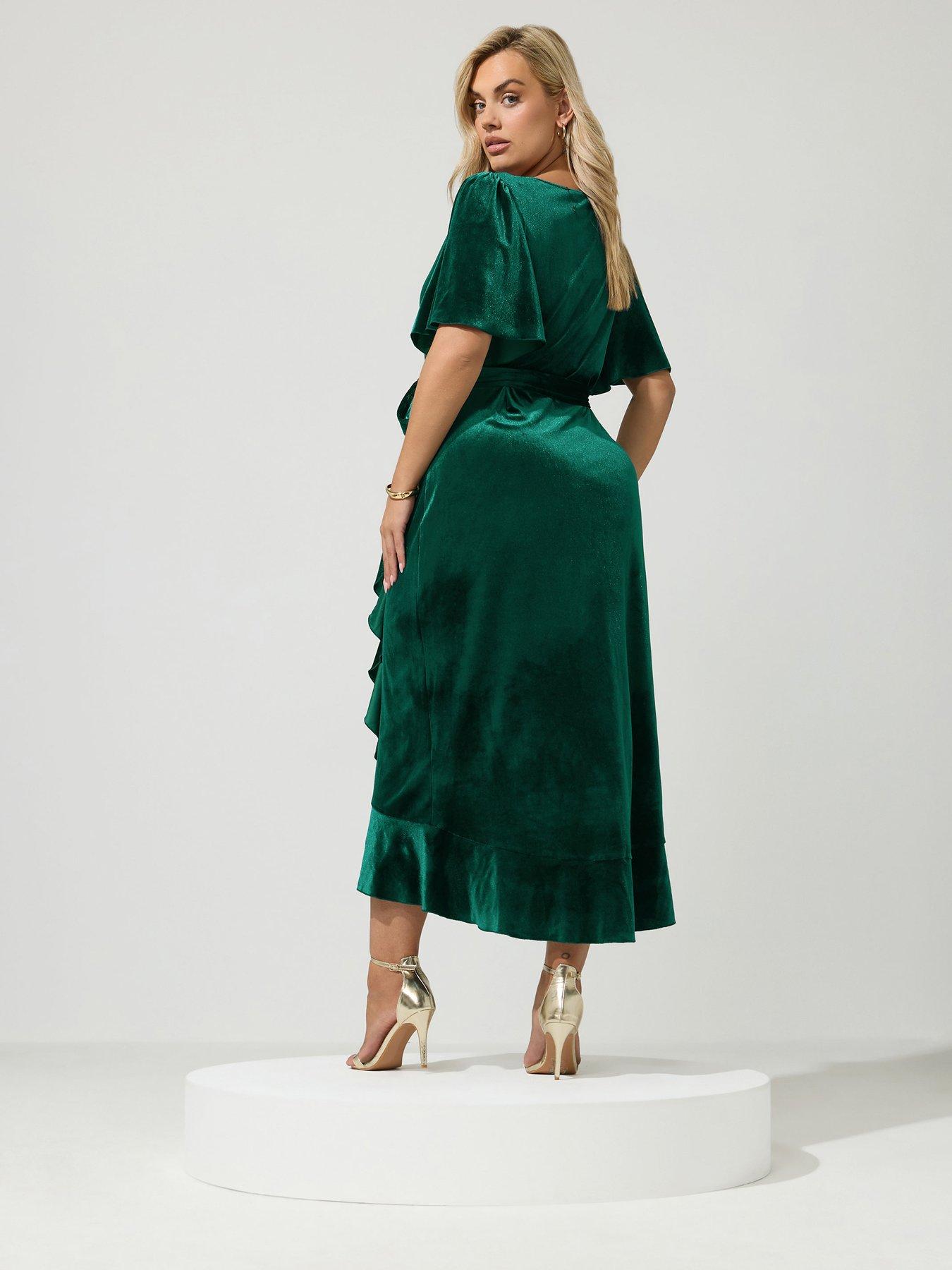 Image 2 of 4 of Yours Curve Velvet Ruffle Wrap Dress - Green