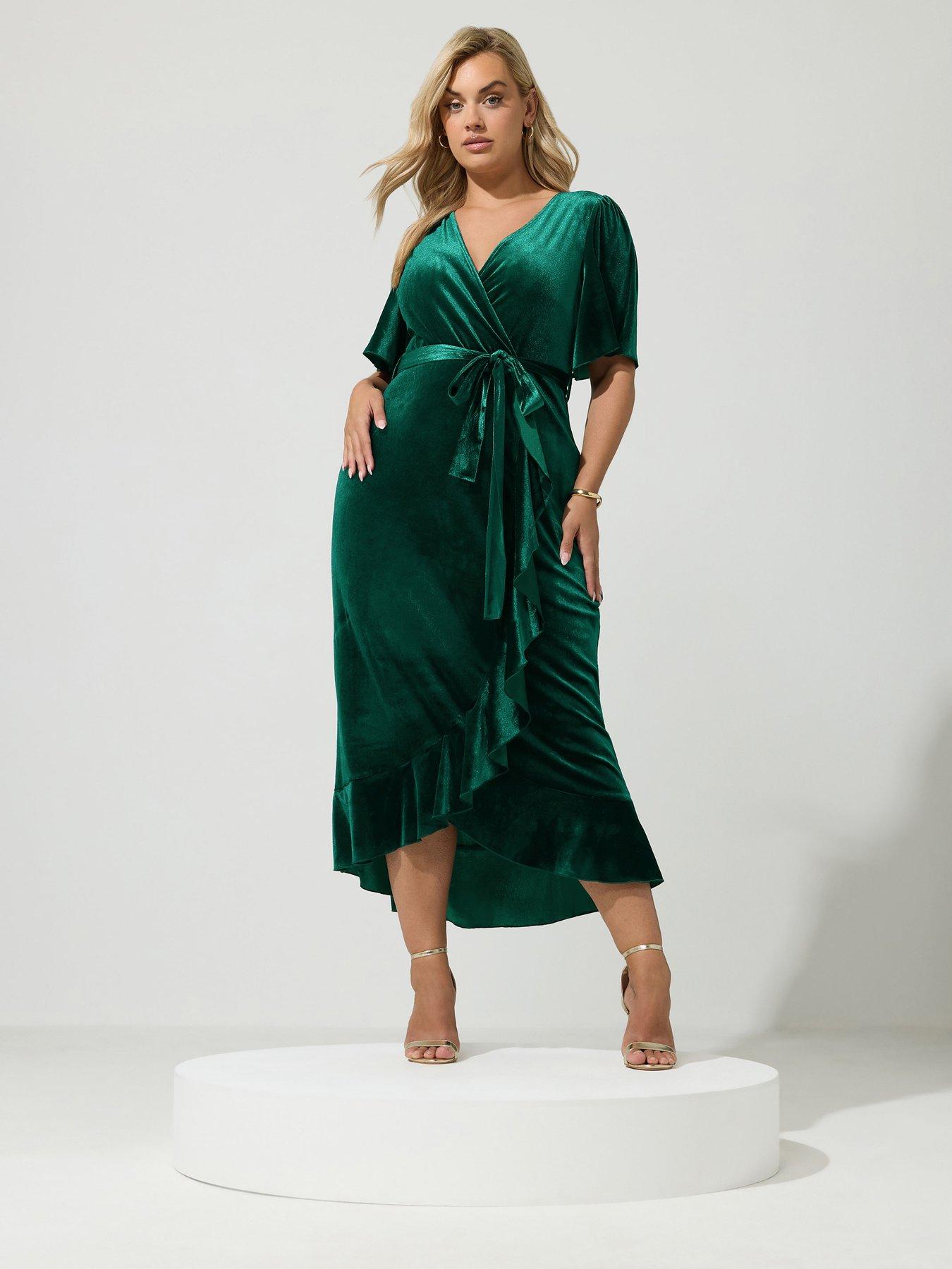 Image 3 of 4 of Yours Curve Velvet Ruffle Wrap Dress - Green