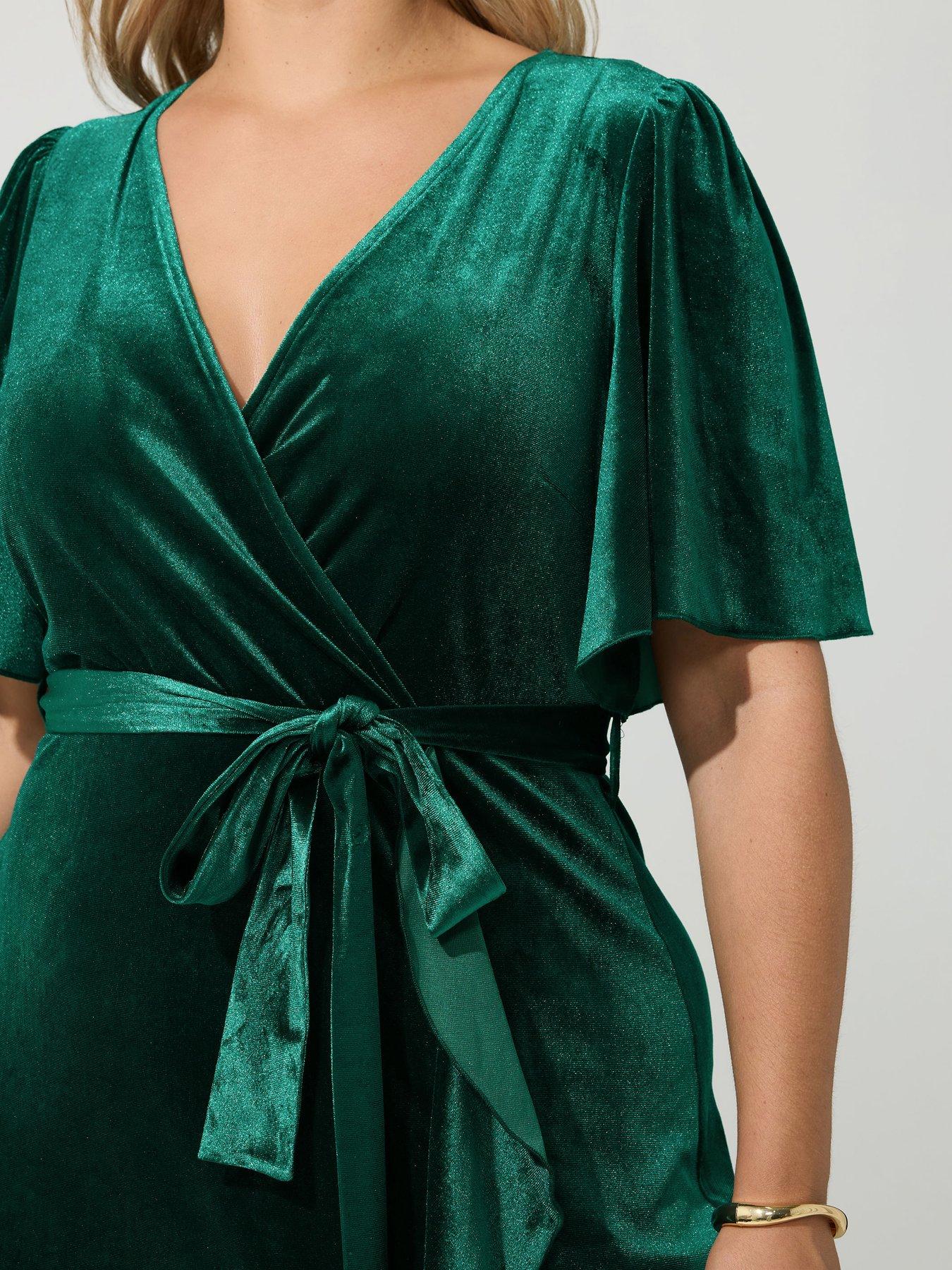 Image 4 of 4 of Yours Curve Velvet Ruffle Wrap Dress - Green