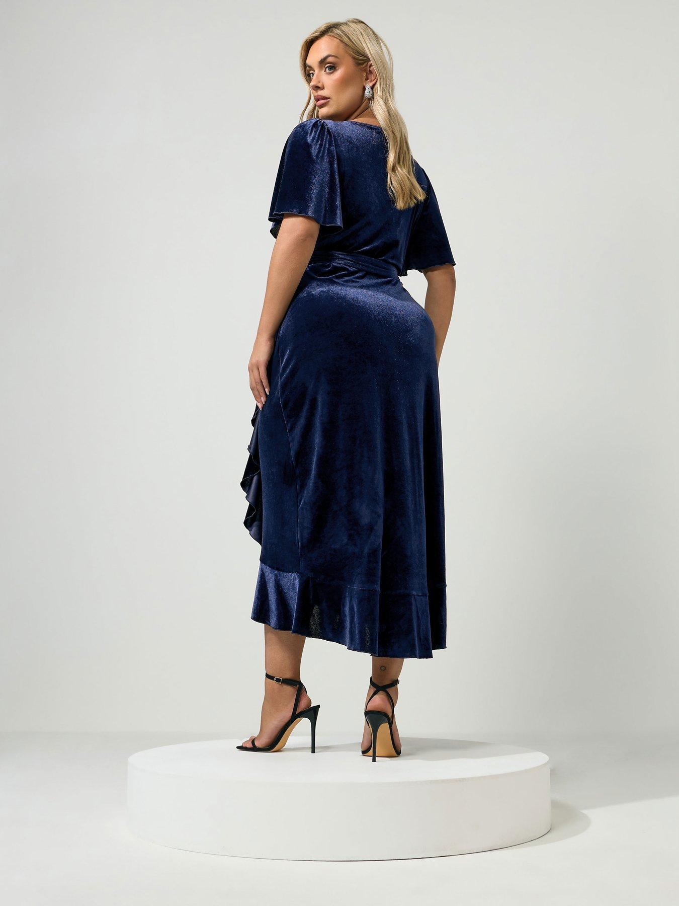 Image 2 of 4 of Yours Curve Velvet Ruffle Wrap Dress - Blue
