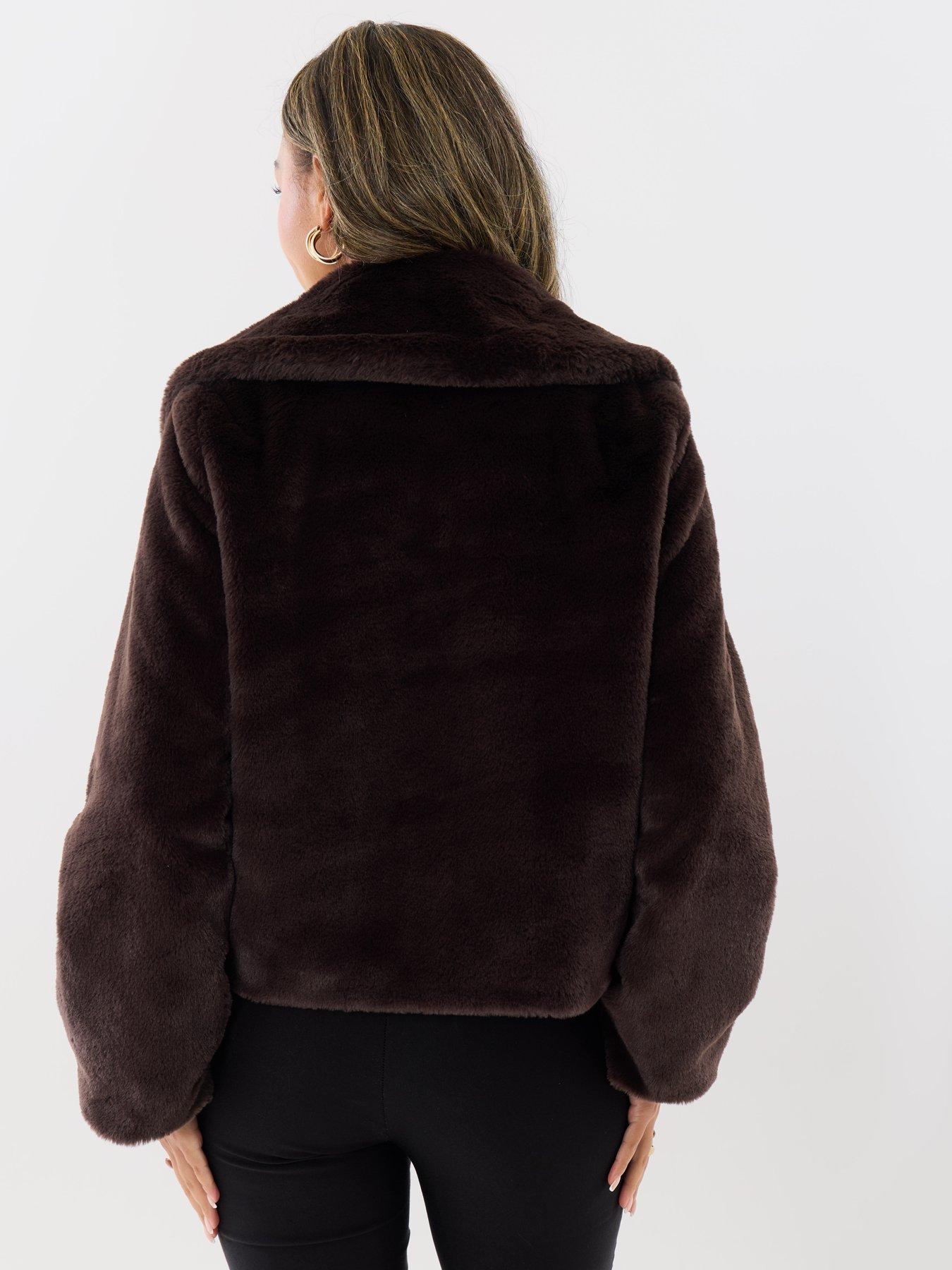 Image 2 of 4 of Threadbare Womens Oversized Collar Faux Fur Coat - Chocolate Brown