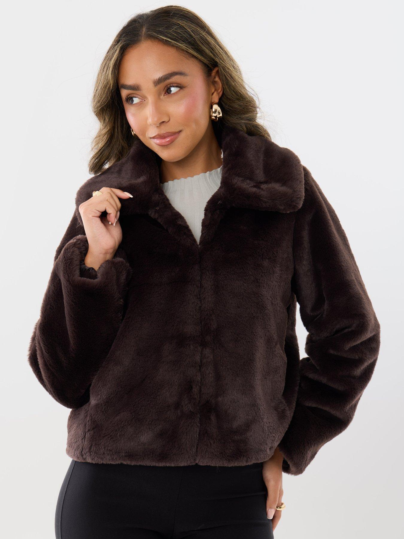 Image 3 of 4 of Threadbare Womens Oversized Collar Faux Fur Coat - Chocolate Brown
