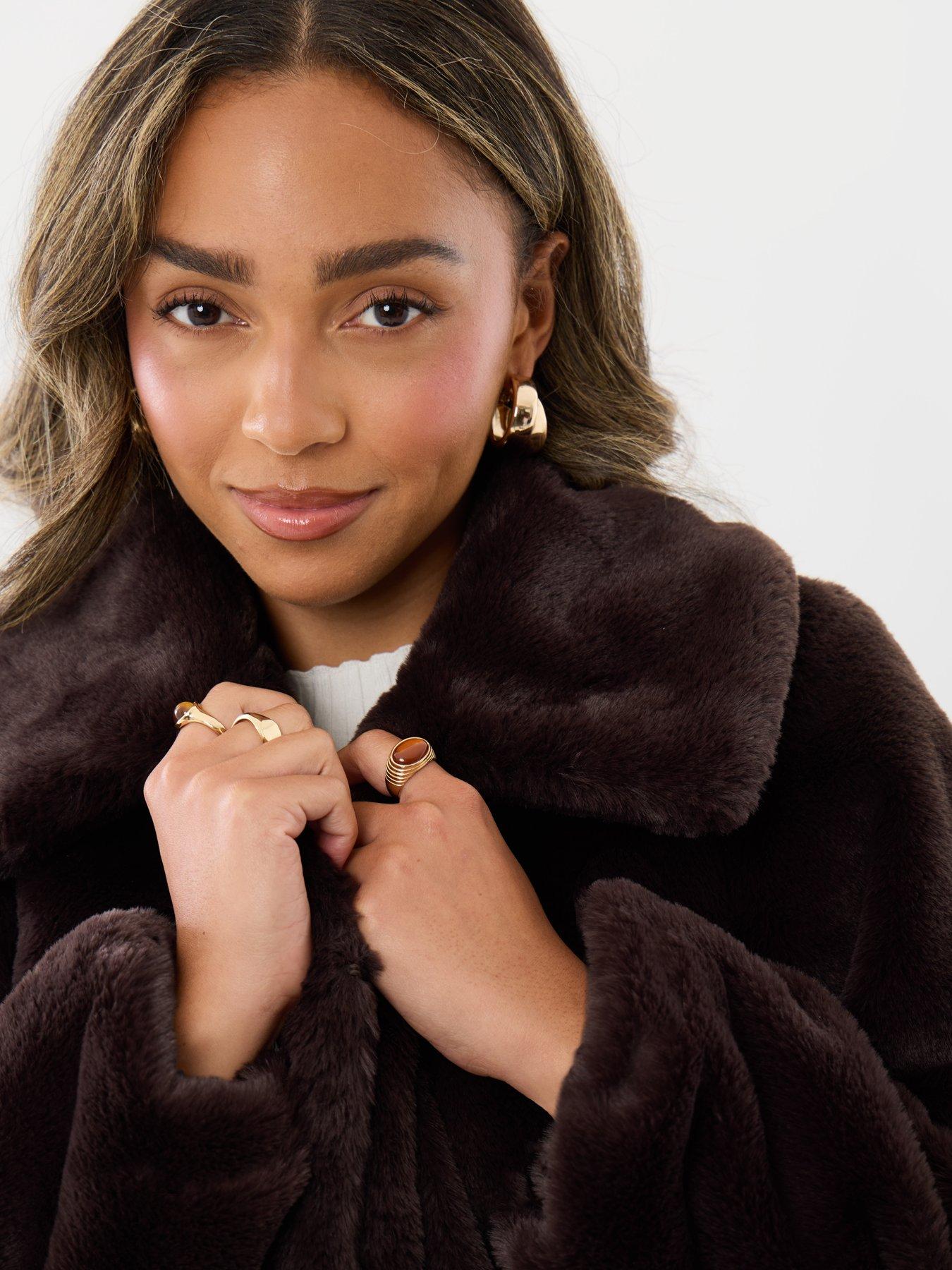 Image 4 of 4 of Threadbare Womens Oversized Collar Faux Fur Coat - Chocolate Brown
