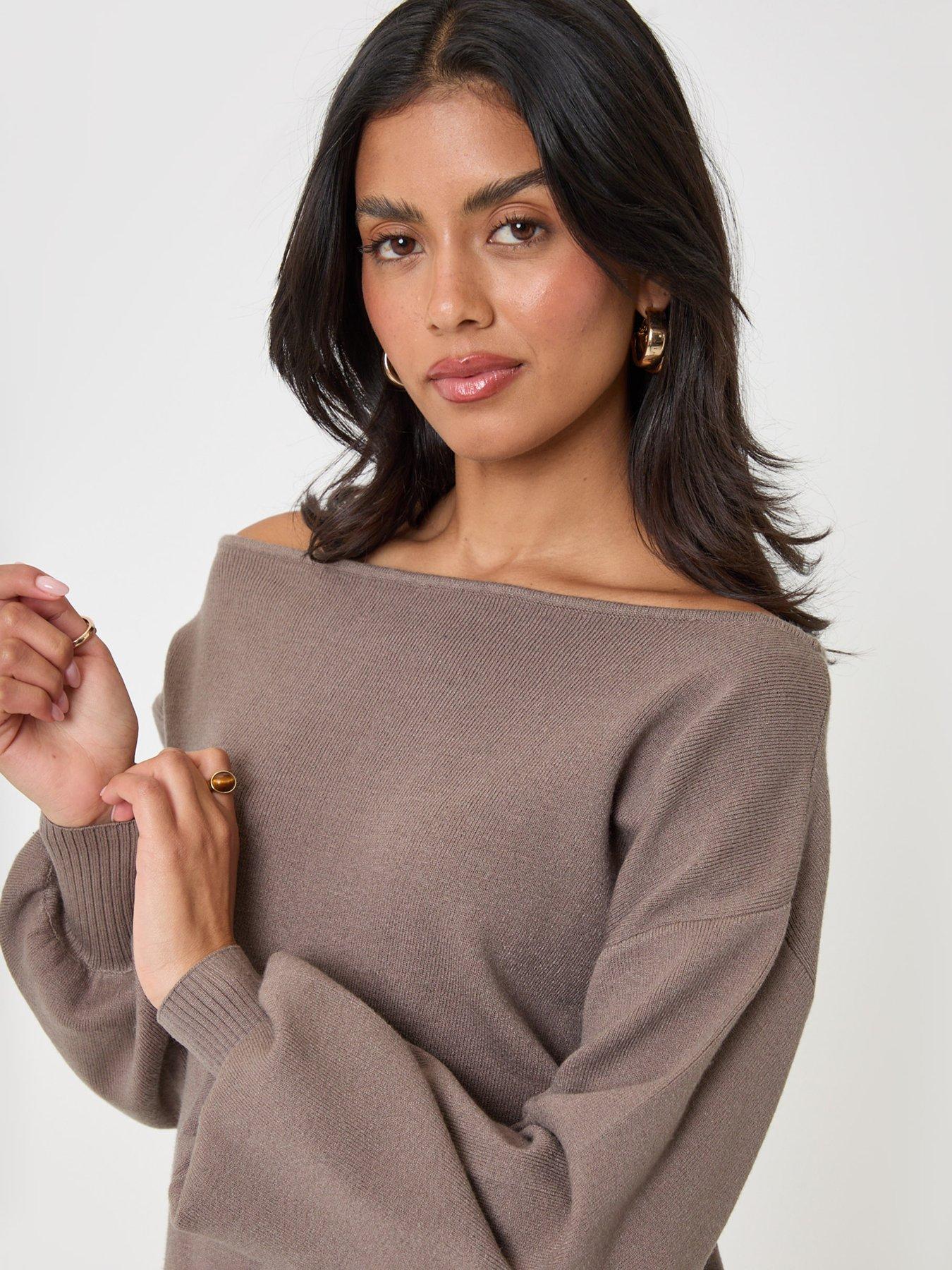 Image 4 of 4 of Threadbare Threadbare Womens Soft Slash Neck Relaxed Jumper - Brown