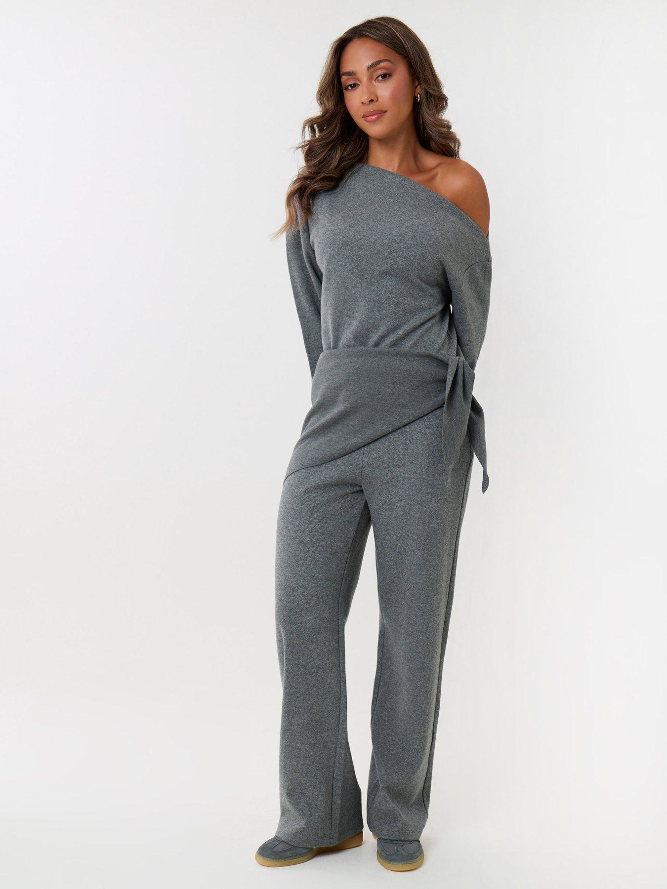 Image 3 of 4 of Threadbare Off Shoulder Top & Wide Leg Co-ord In Grey