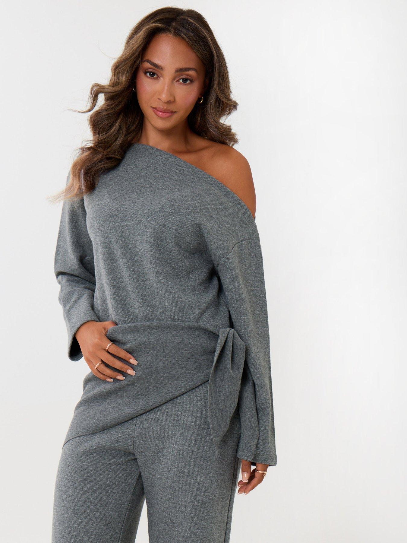 Image 4 of 4 of Threadbare Off Shoulder Top & Wide Leg Co-ord In Grey