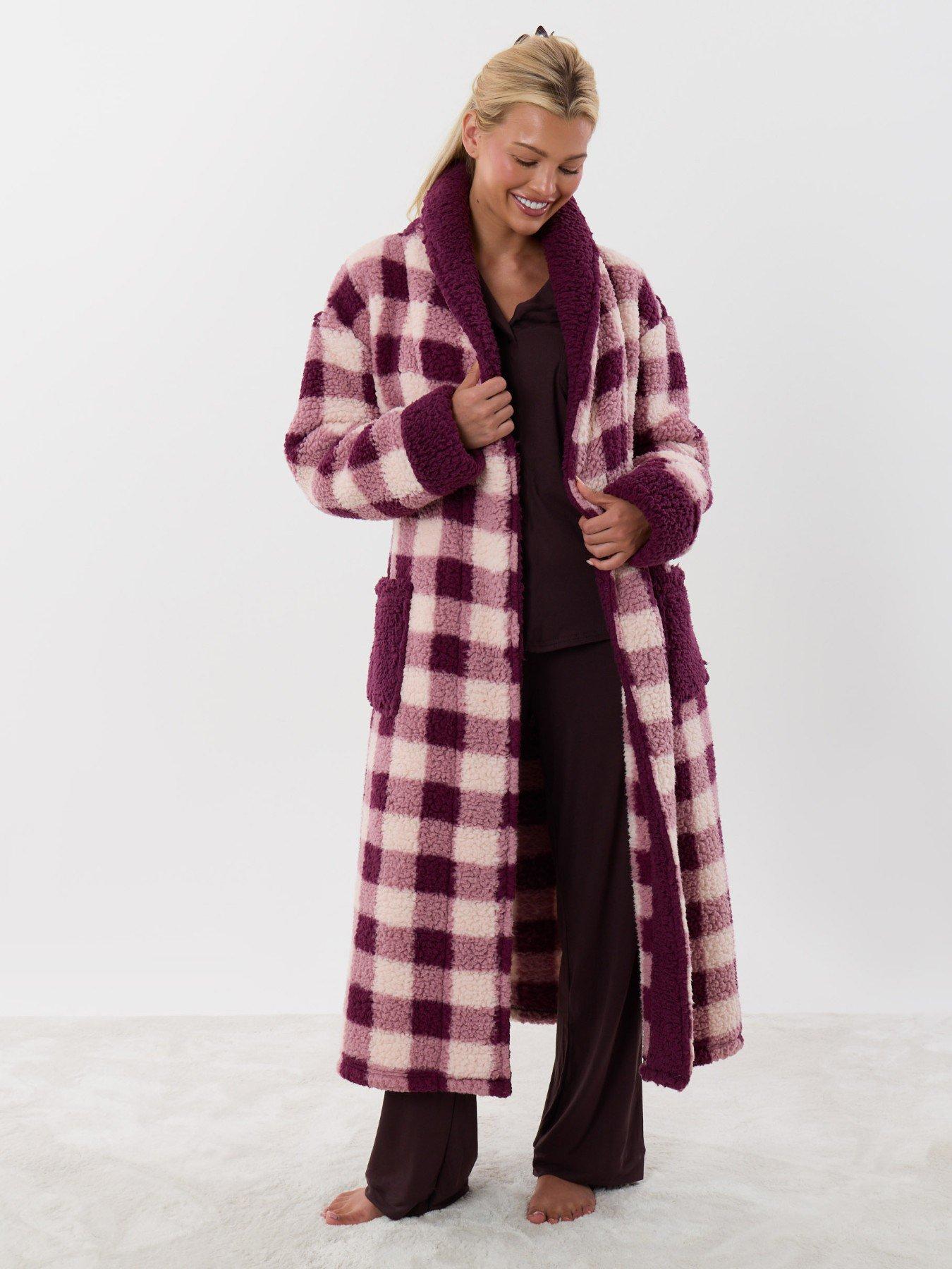 Image 1 of 5 of Threadbare Borg Dressing Gown In Plum Check