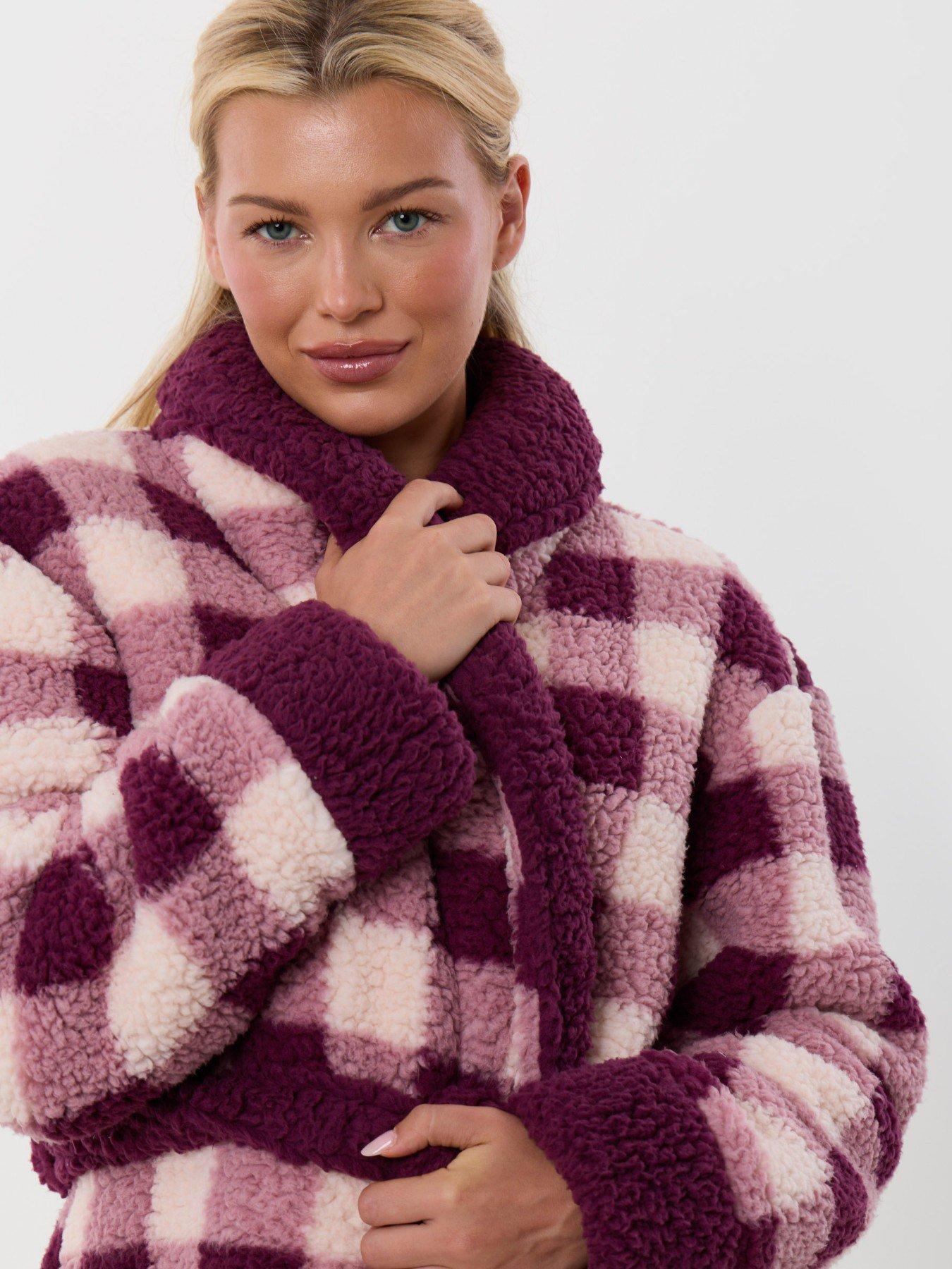 Image 4 of 5 of Threadbare Borg Dressing Gown In Plum Check