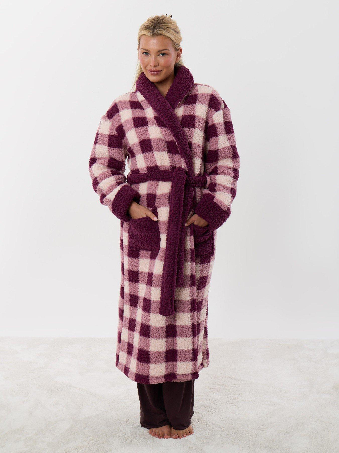 Image 5 of 5 of Threadbare Borg Dressing Gown In Plum Check