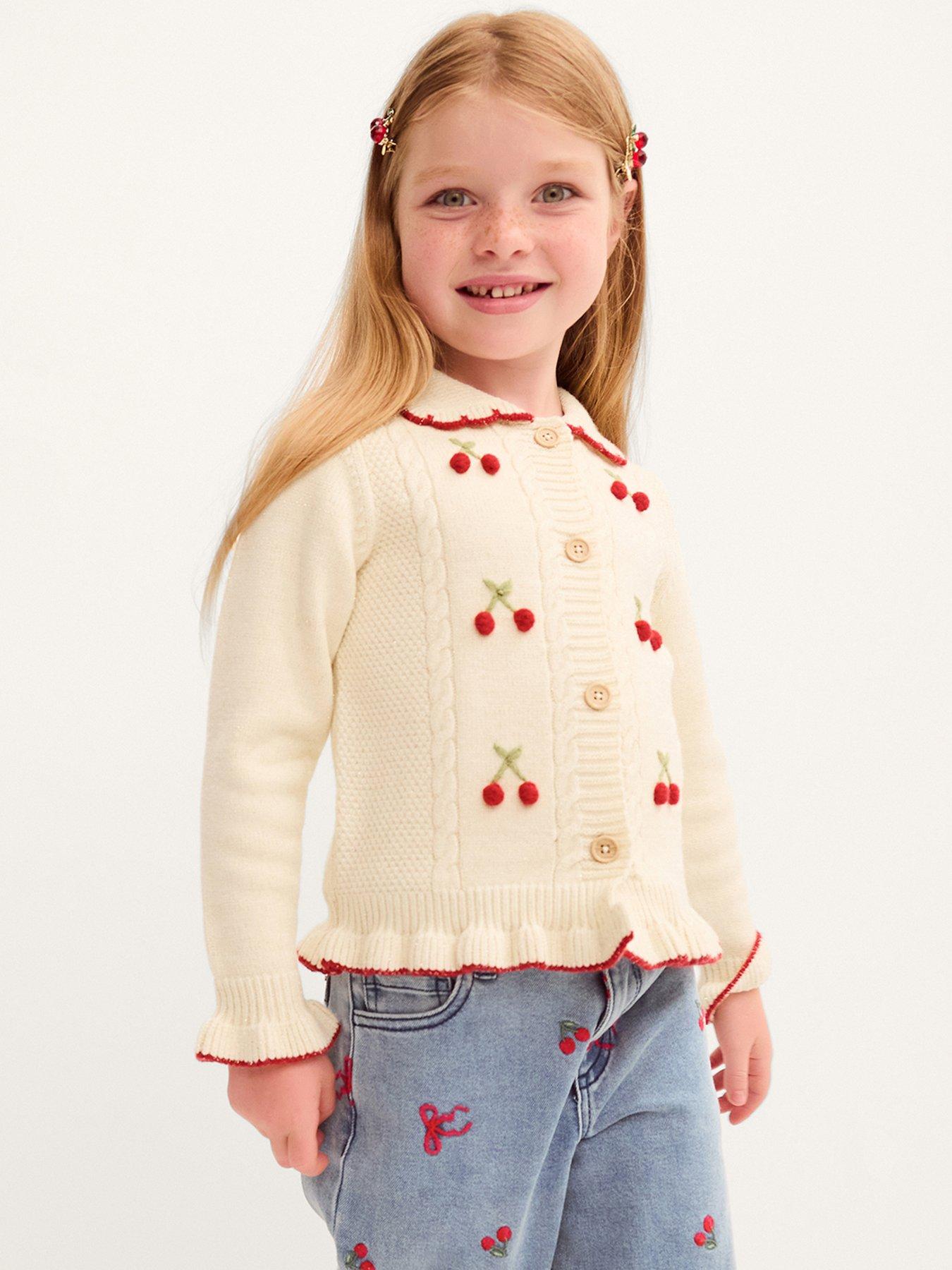 Monsoon Girls 3d Cherry Knitted Cable Cardigan - Light Cream