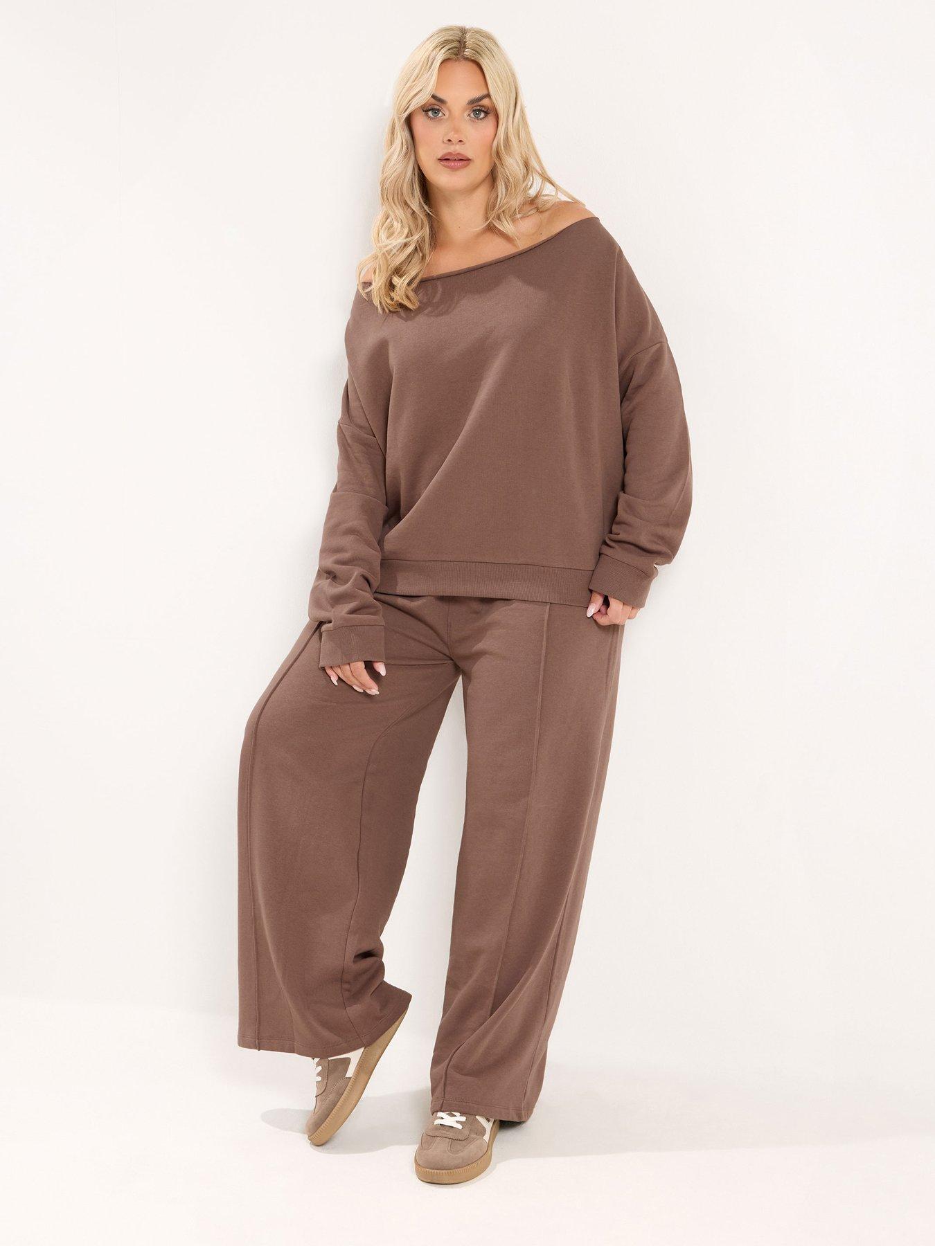 Image 1 of 3 of Yours Curve Off Shoulder Top And Trouser Set 28" - Brown