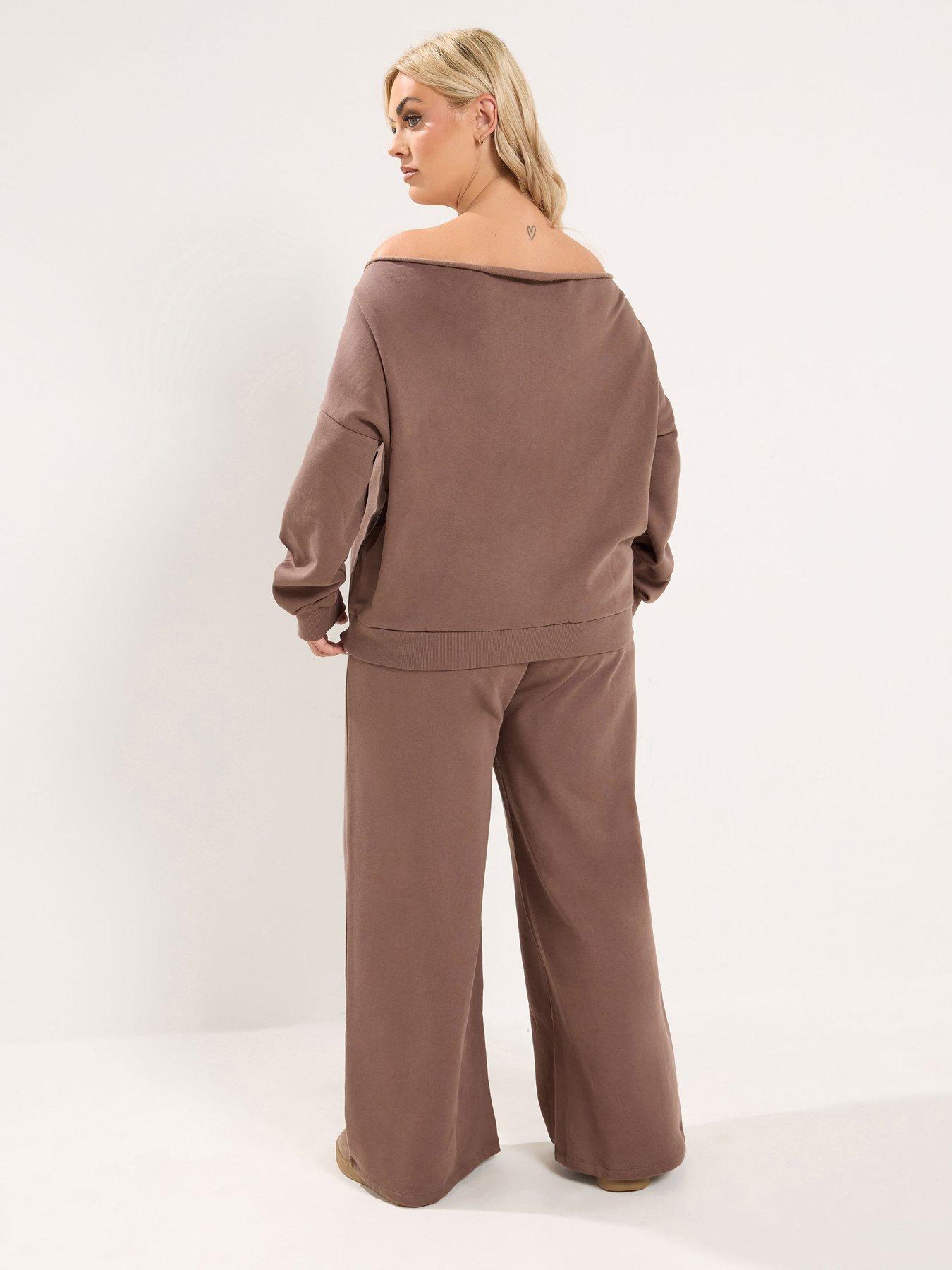 Image 2 of 3 of Yours Curve Off Shoulder Top And Trouser Set 28" - Brown