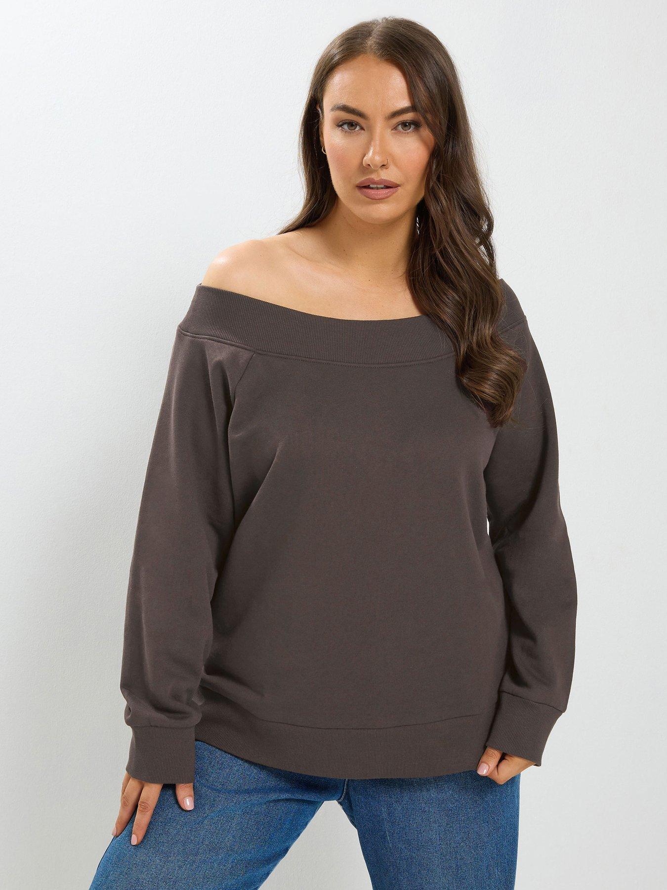 Yours Curve Off Shoulder Ribbed Sweatshirt - Brown