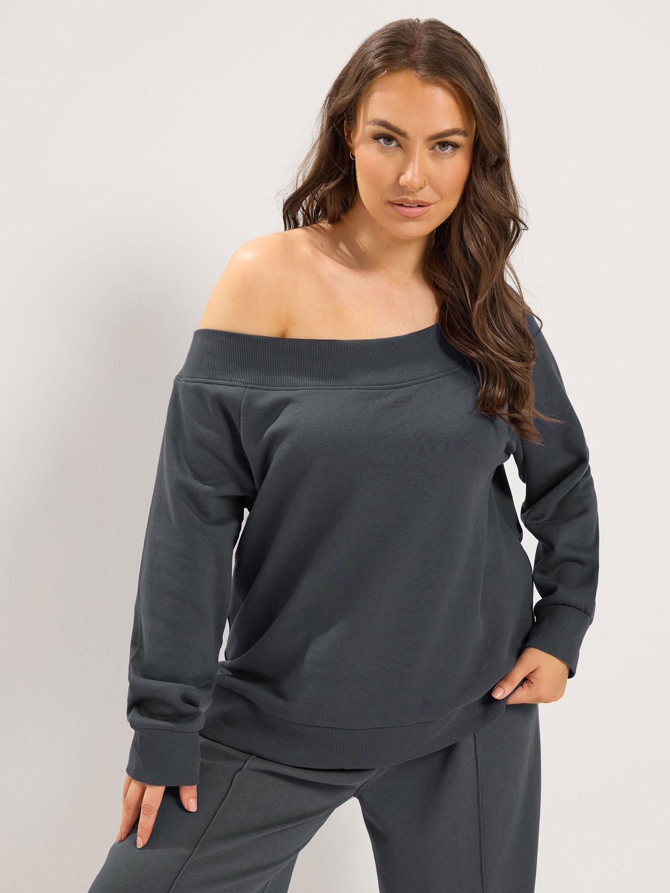 Yours Curve Off Shoulder Rib Sweatshirt - Grey