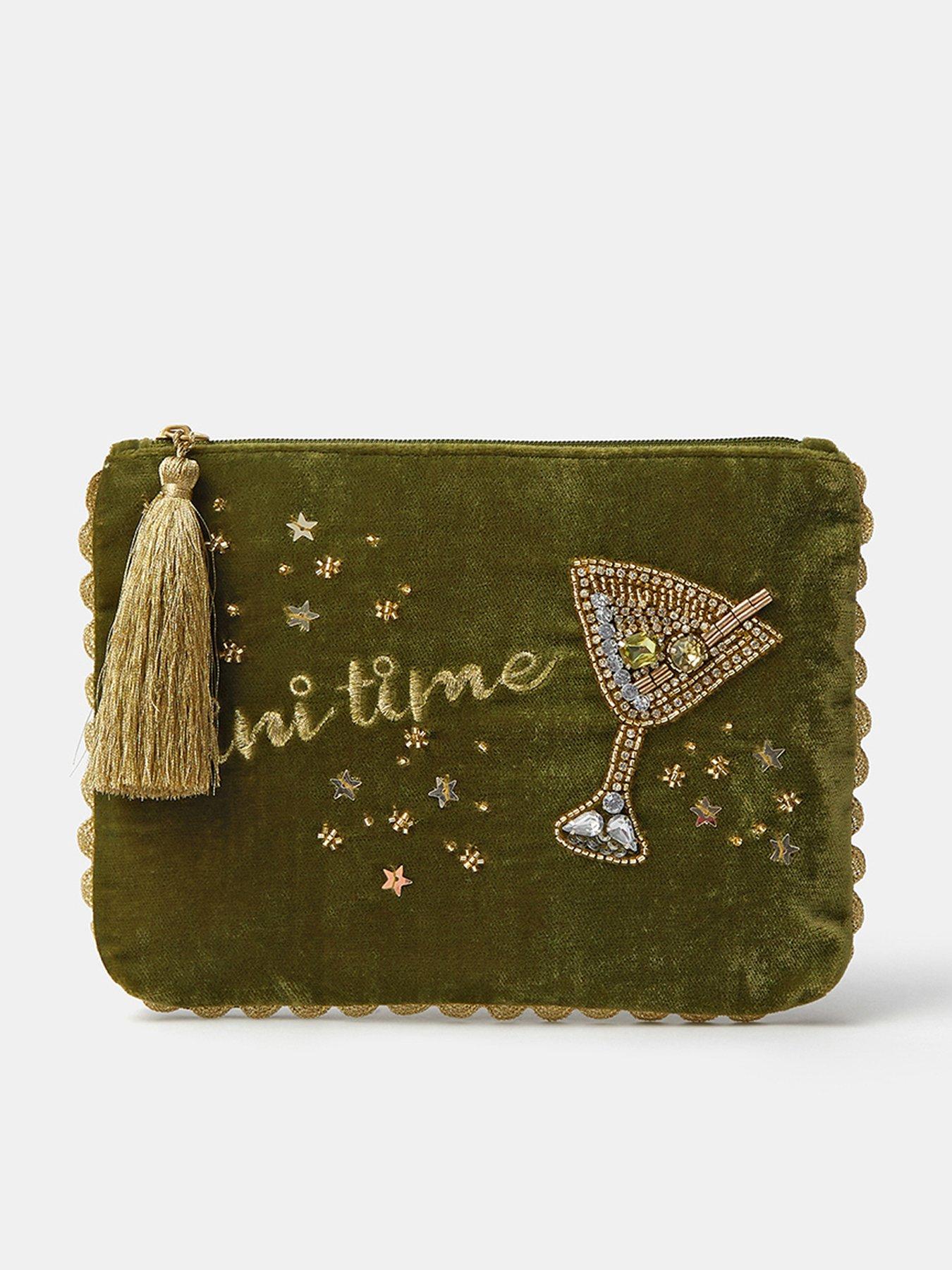 Image 1 of 4 of Accessorize Womens Tini Time Beaded Tassel Zip Pouch - Green