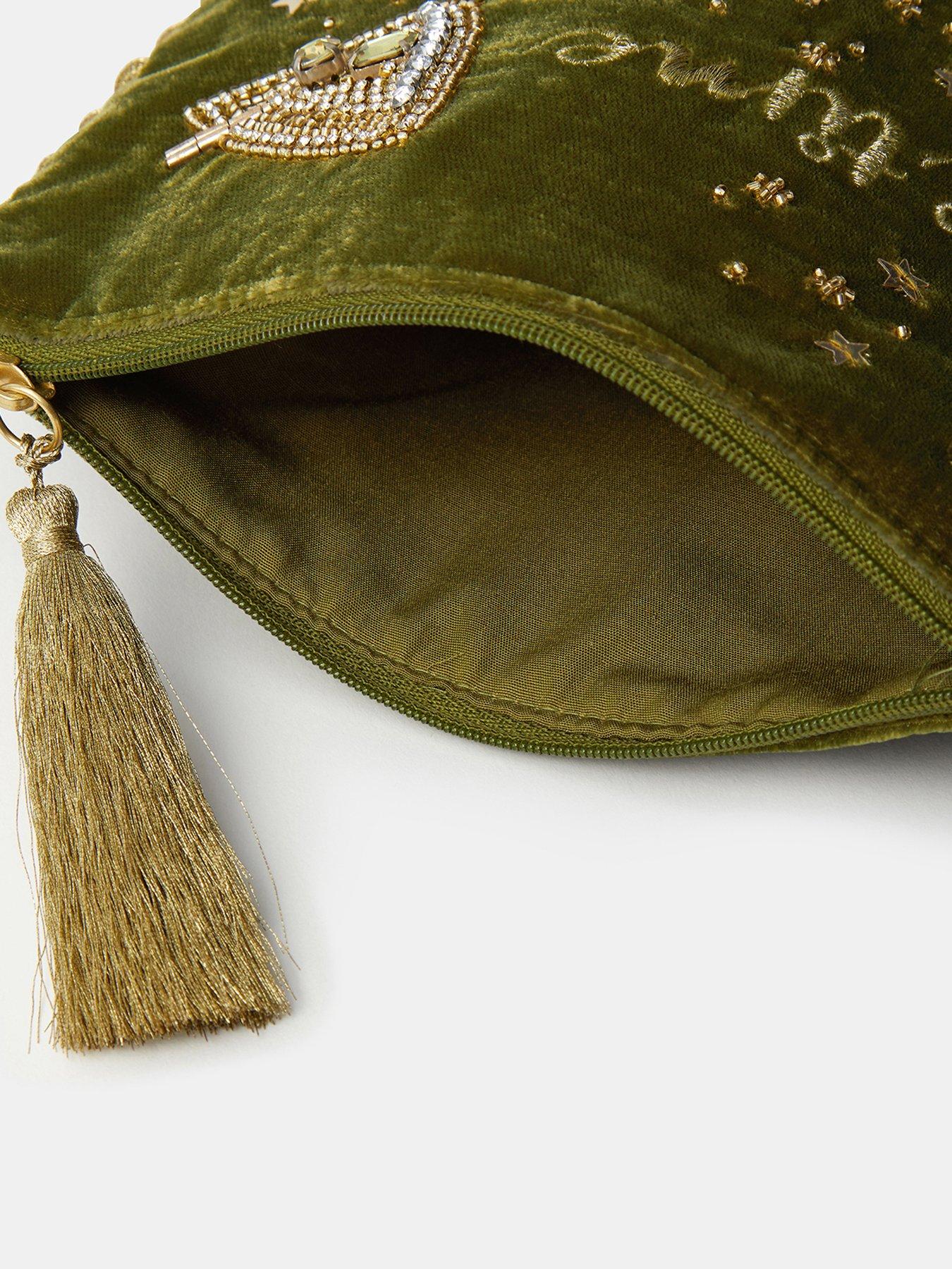 Image 4 of 4 of Accessorize Womens Tini Time Beaded Tassel Zip Pouch - Green