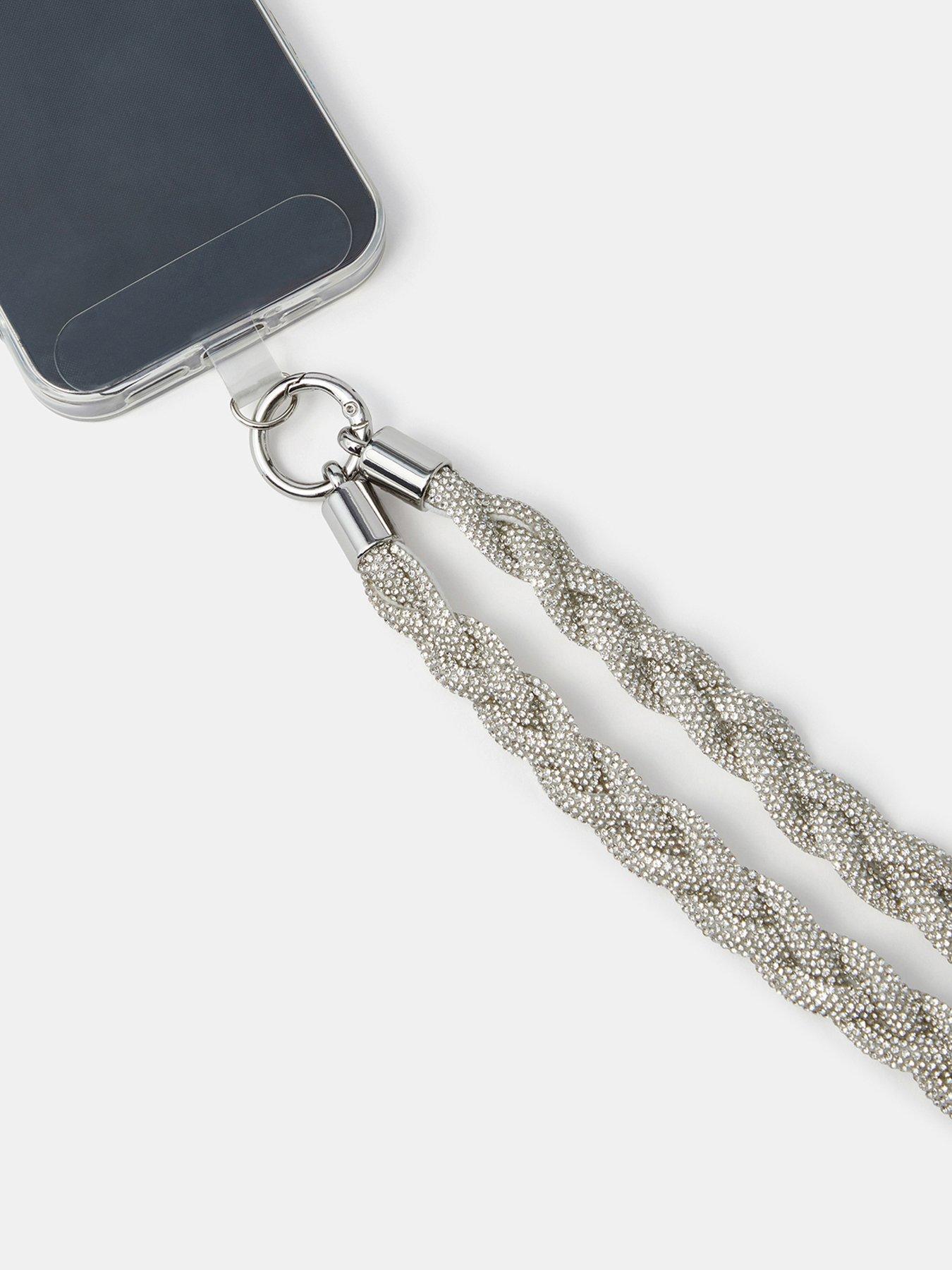 Image 2 of 2 of Accessorize Accessorize Plaited Diamante Phone Strap - Silver