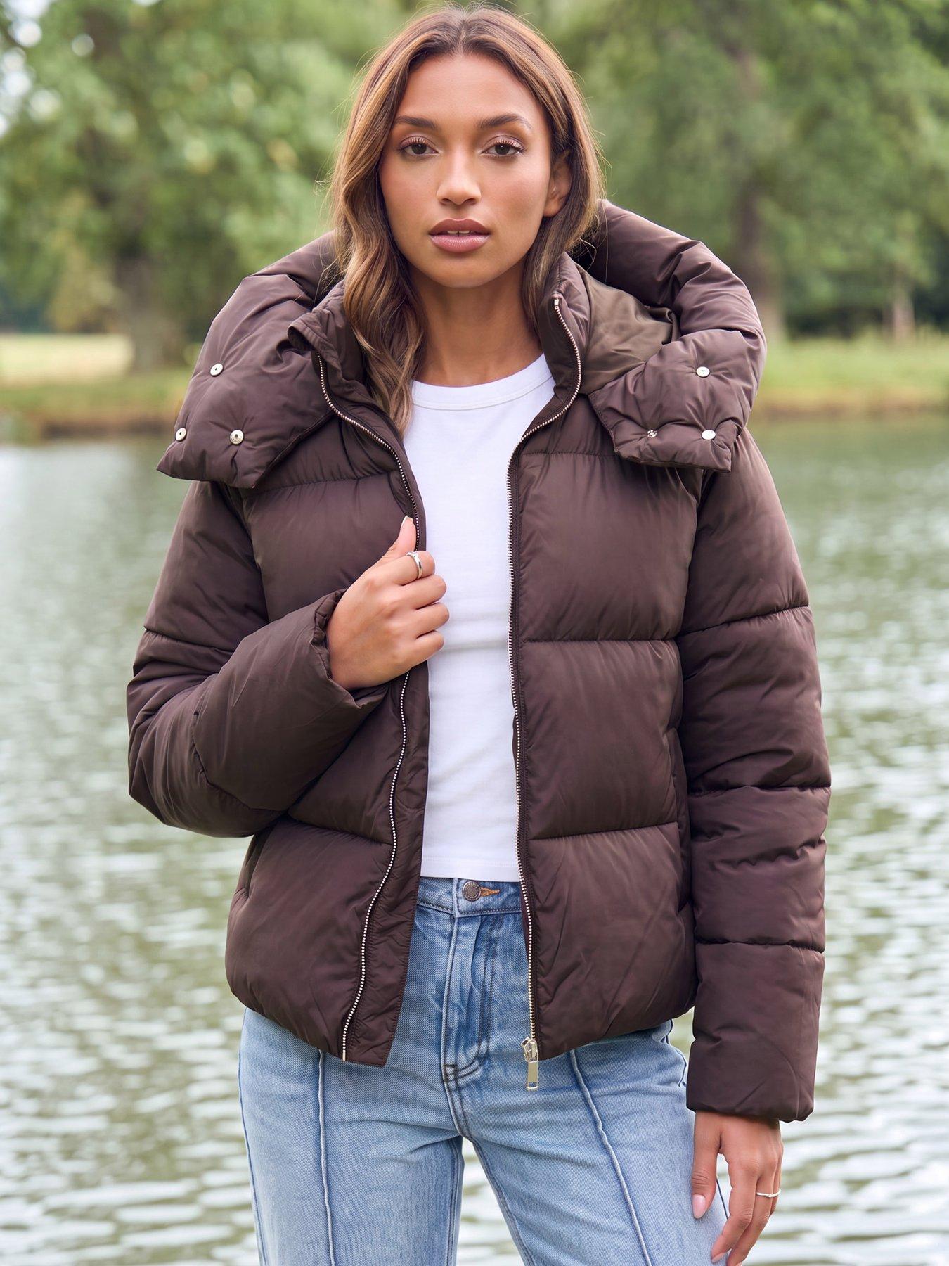 Image 1 of 4 of Threadbare Womens Showerproof Funnel Neck Hooded Puffer Coat - Brown