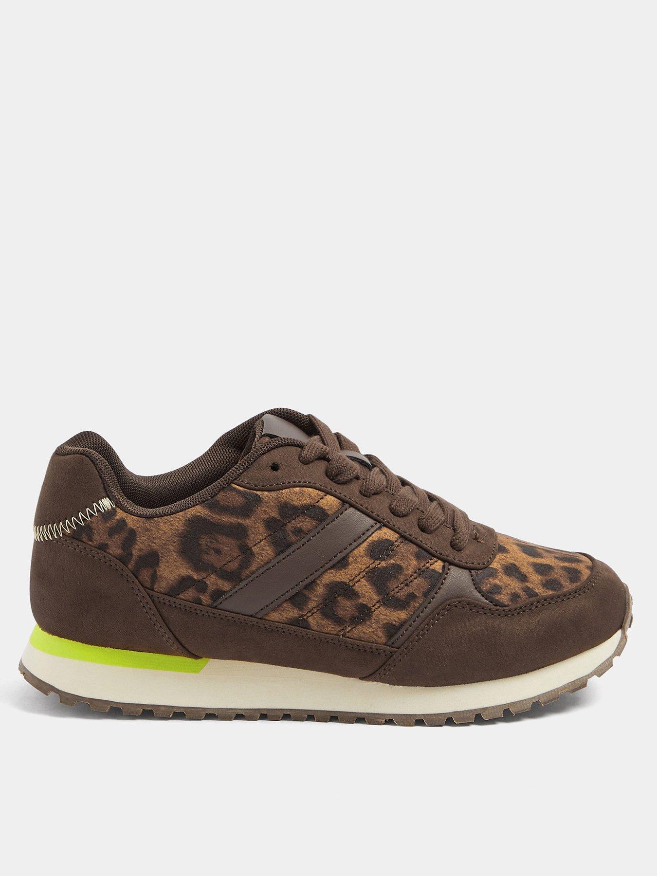 Yours Curve Extra Wide Fit Leopard Side Stripe Lace Up Trainers - Brown