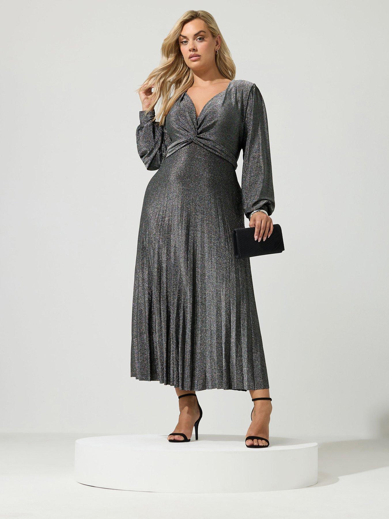 Image 1 of 4 of Yours Curve Long Sleeve Pleat Knot Dress - Silver