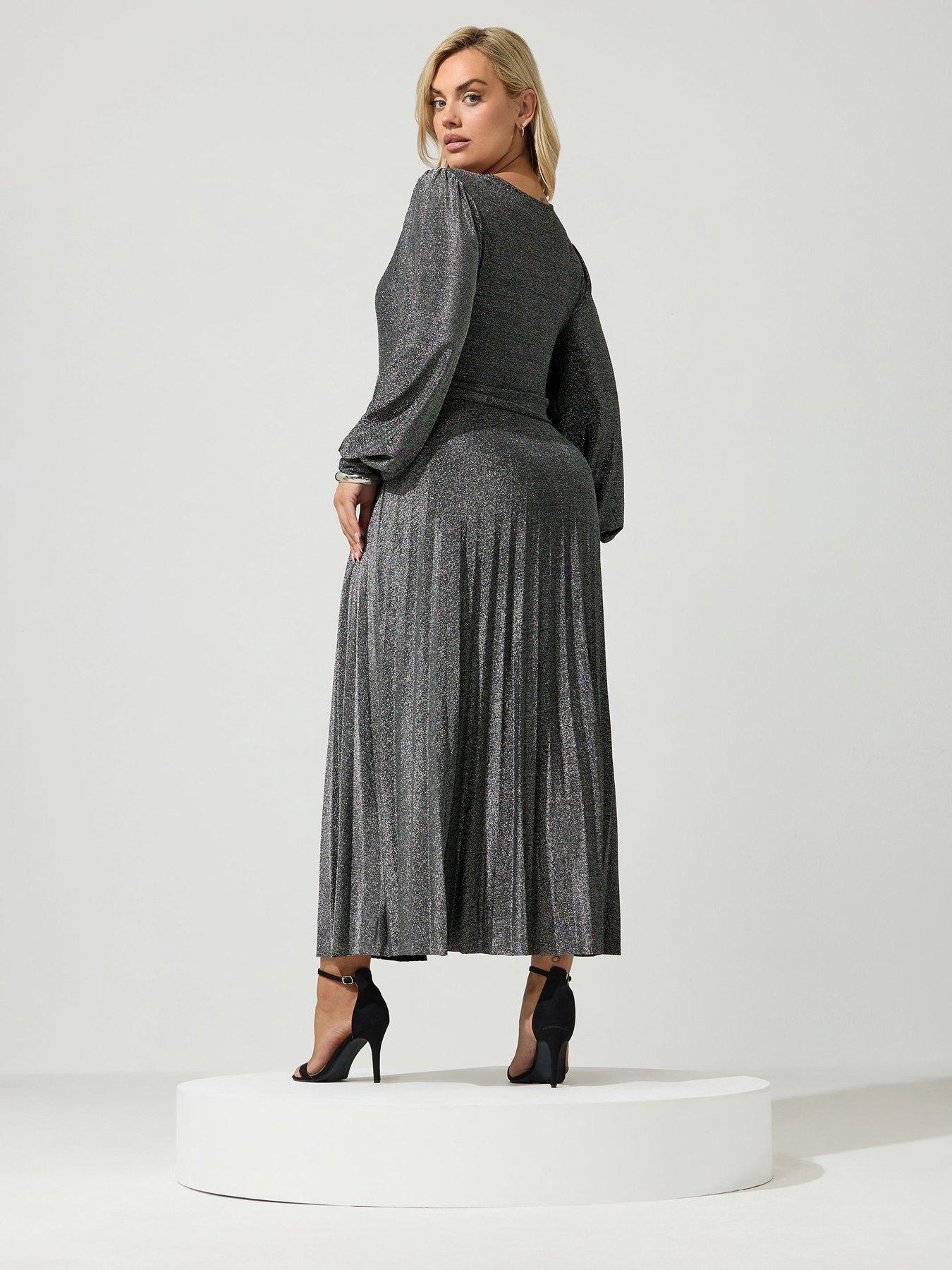 Image 2 of 4 of Yours Curve Long Sleeve Pleat Knot Dress - Silver