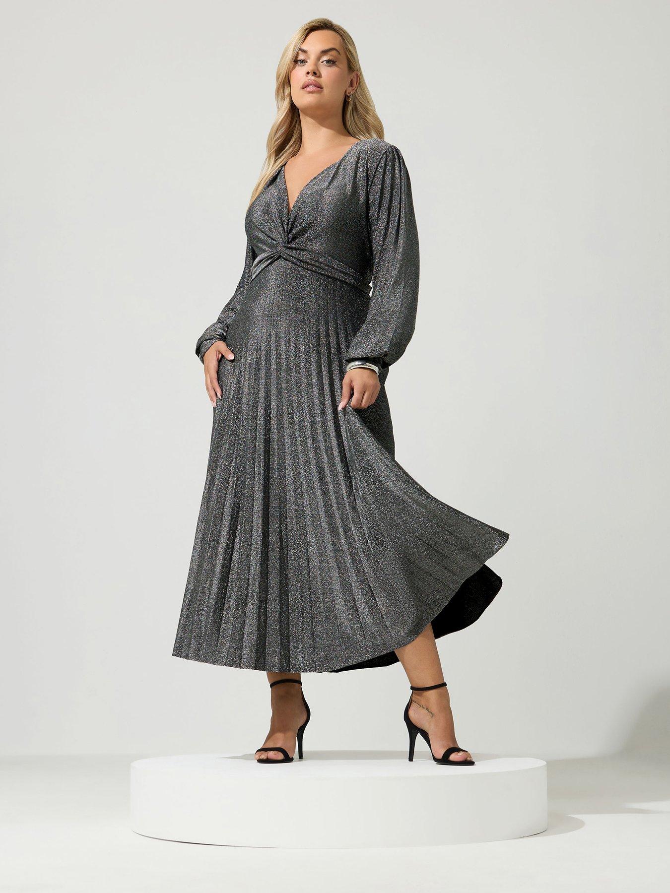 Image 3 of 4 of Yours Curve Long Sleeve Pleat Knot Dress - Silver