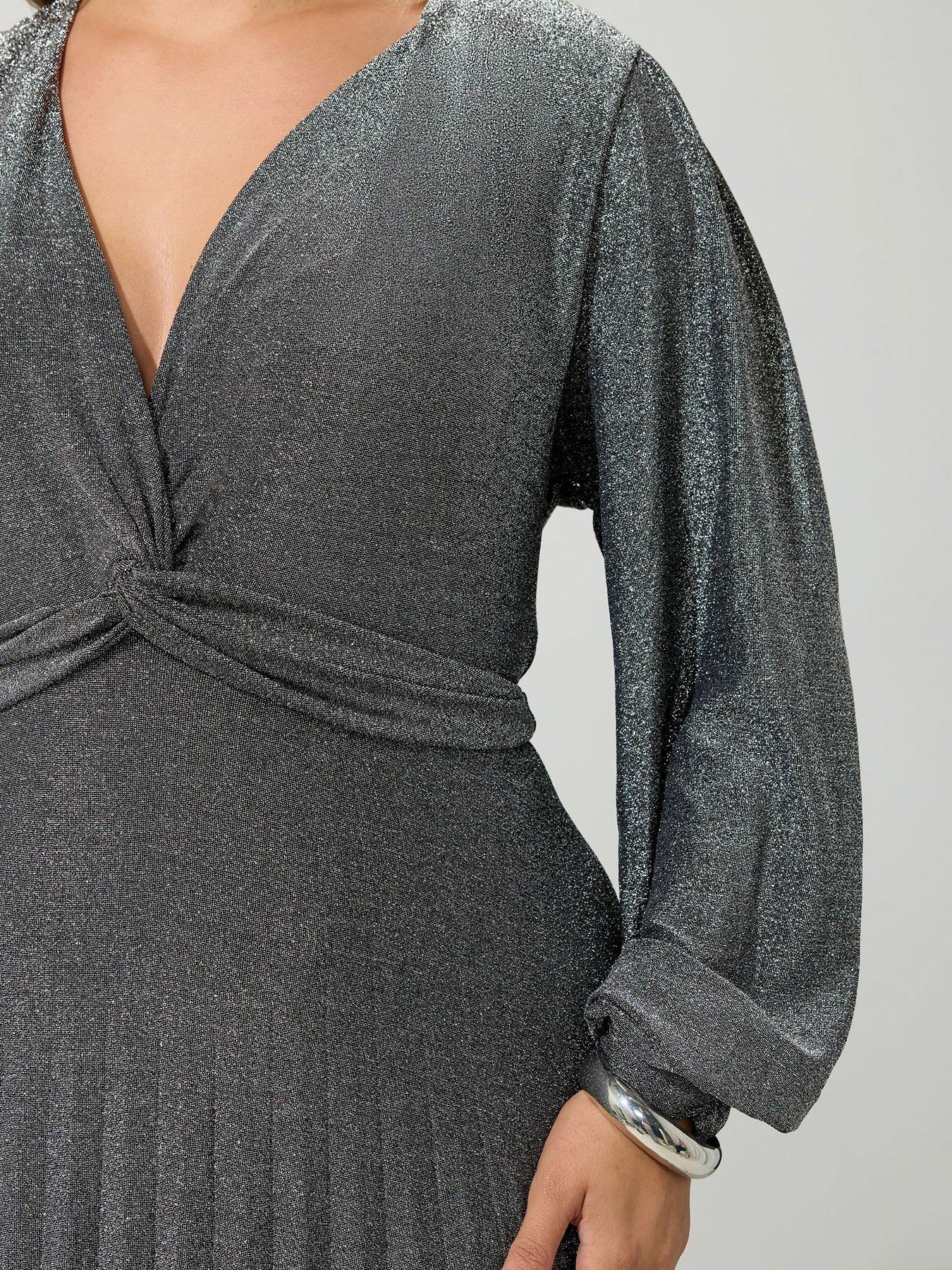 Image 4 of 4 of Yours Curve Long Sleeve Pleat Knot Dress - Silver
