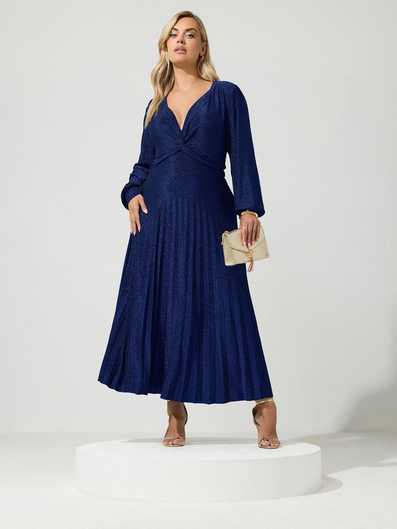 Image 1 of 4 of Yours Curve Long Sleeve Pleat Knot Dress - Blue