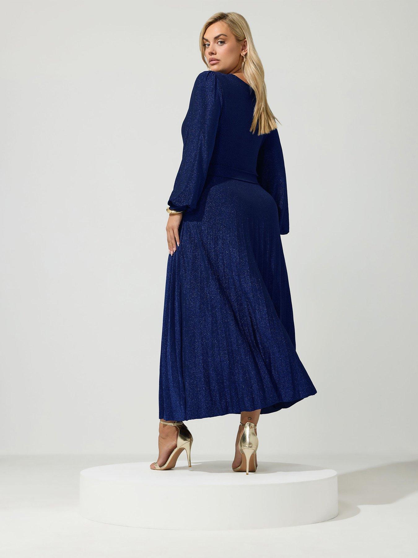 Image 2 of 4 of Yours Curve Long Sleeve Pleat Knot Dress - Blue