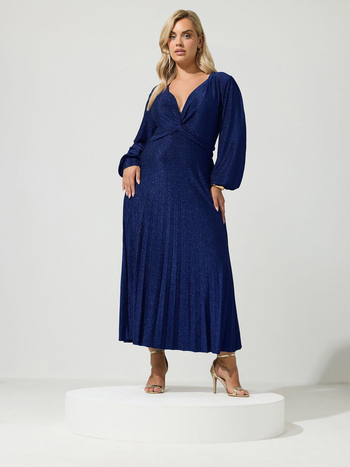 Image 3 of 4 of Yours Curve Long Sleeve Pleat Knot Dress - Blue