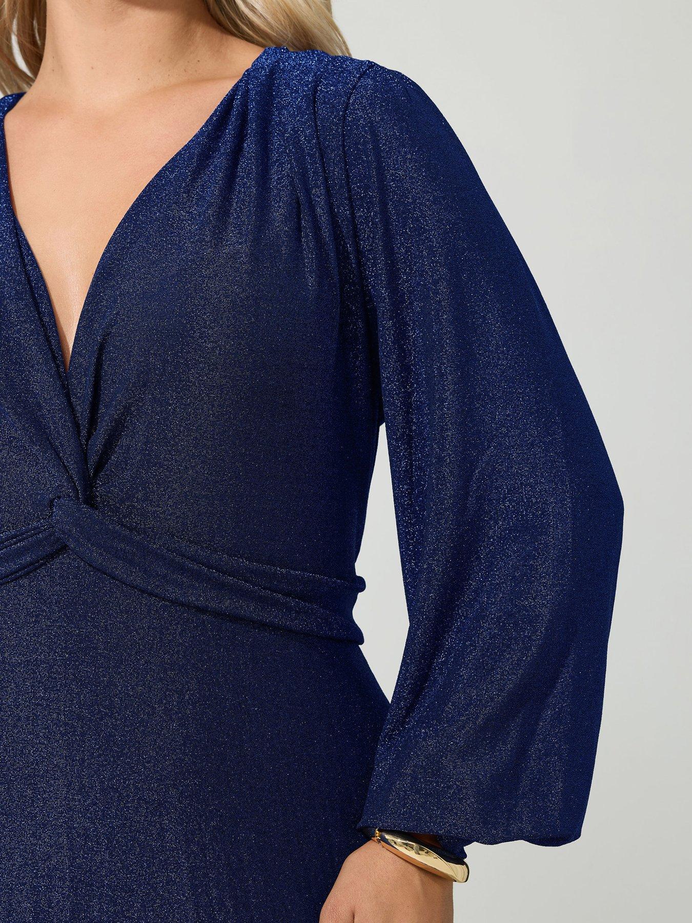 Image 4 of 4 of Yours Curve Long Sleeve Pleat Knot Dress - Blue