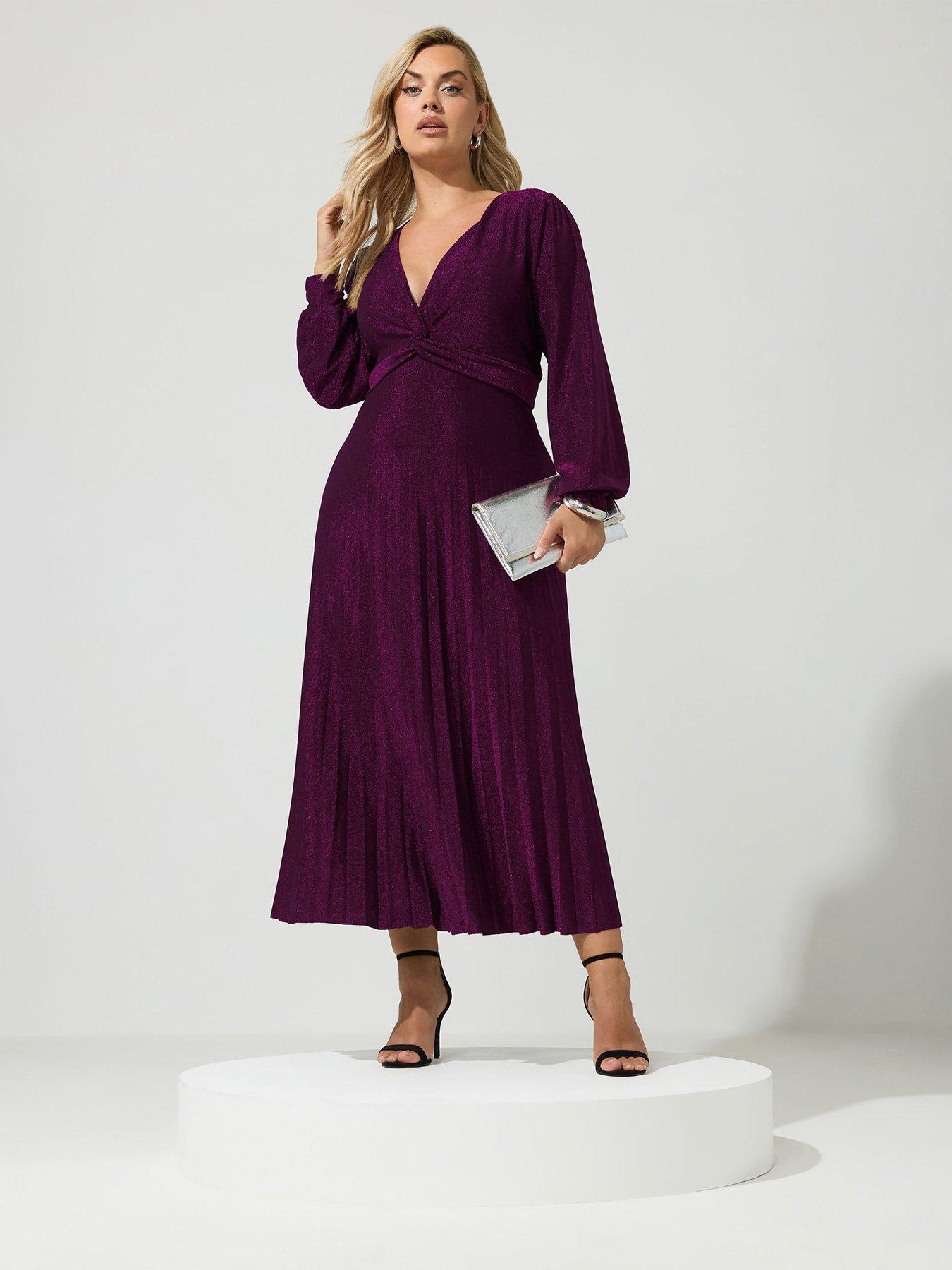 Image 1 of 4 of Yours Curve Long Sleeve Pleat Knot Dress - Purple