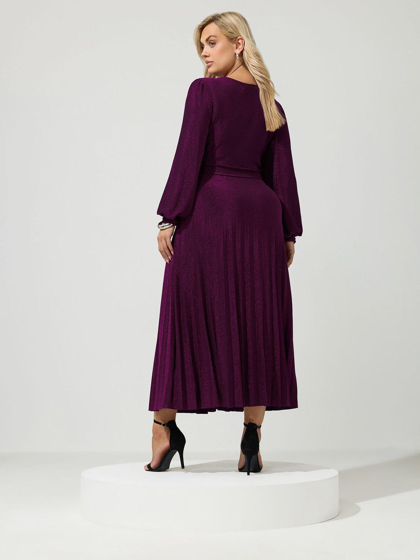 Image 2 of 4 of Yours Curve Long Sleeve Pleat Knot Dress - Purple