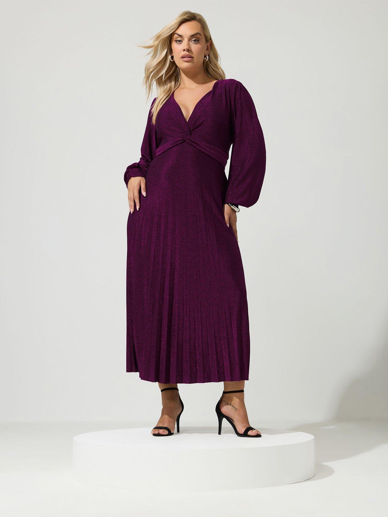 Image 3 of 4 of Yours Curve Long Sleeve Pleat Knot Dress - Purple