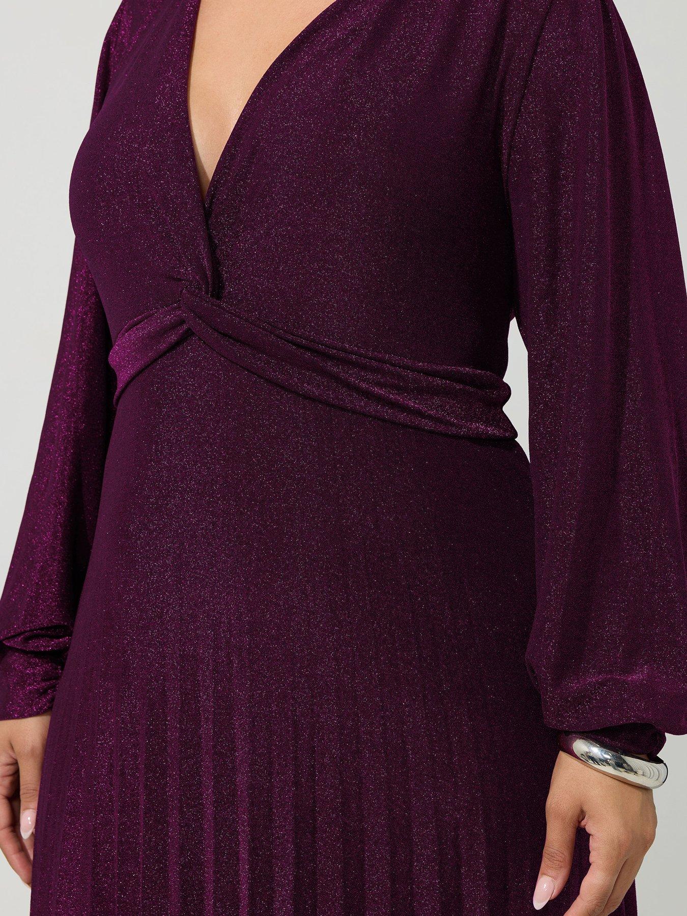 Image 4 of 4 of Yours Curve Long Sleeve Pleat Knot Dress - Purple