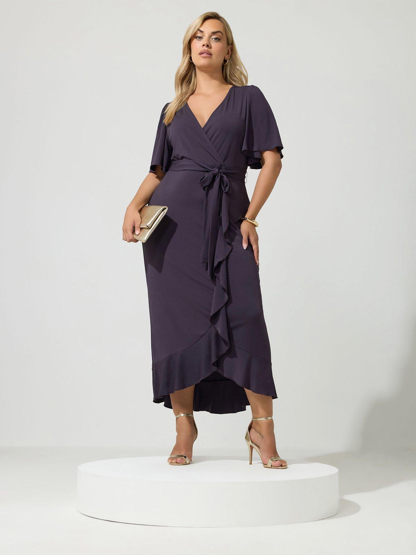 Yours Curve Wrap Ruffle Dress - Grey