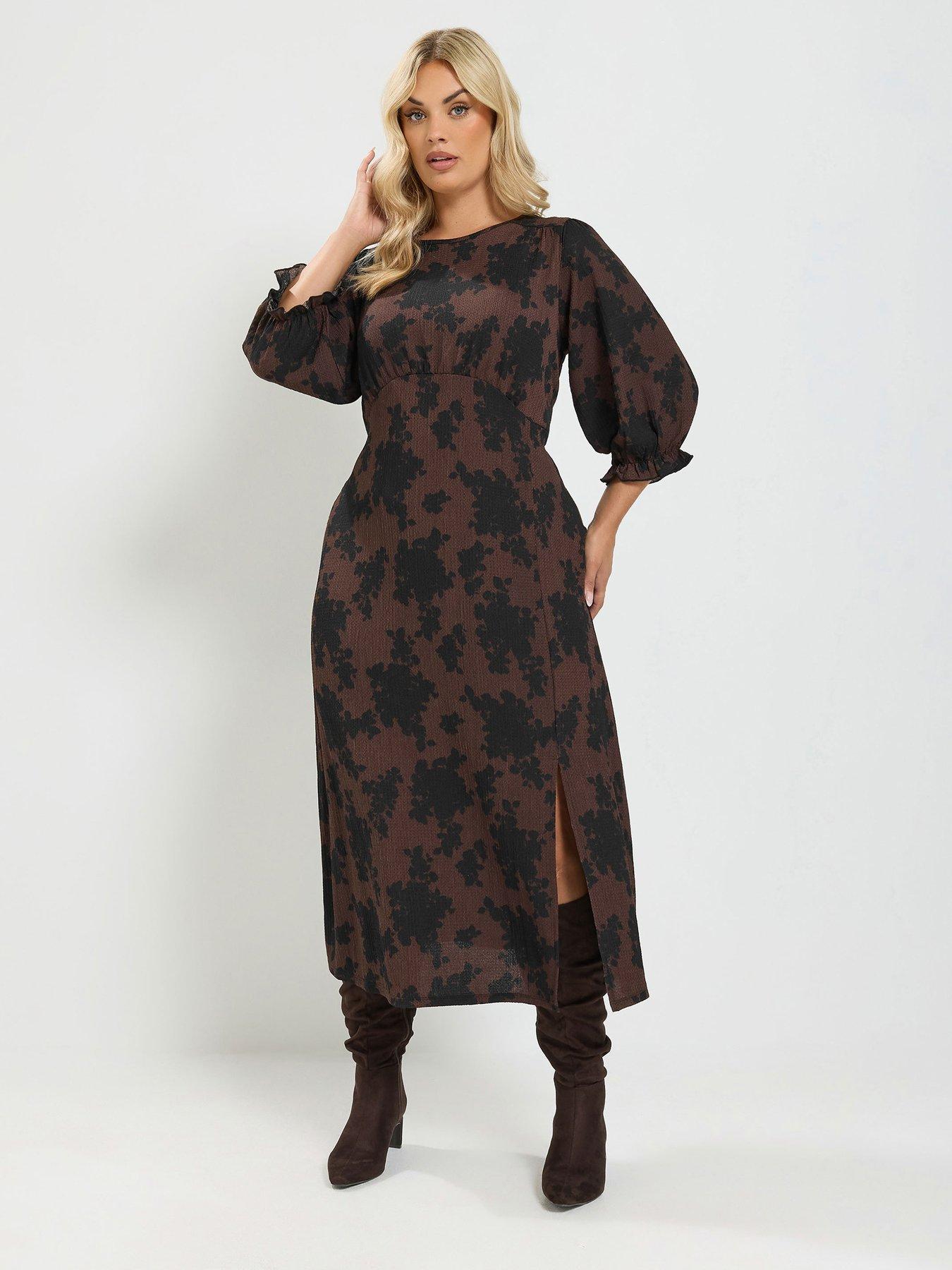 Image 1 of 4 of Yours Curve Midi Tea Dress - Brown