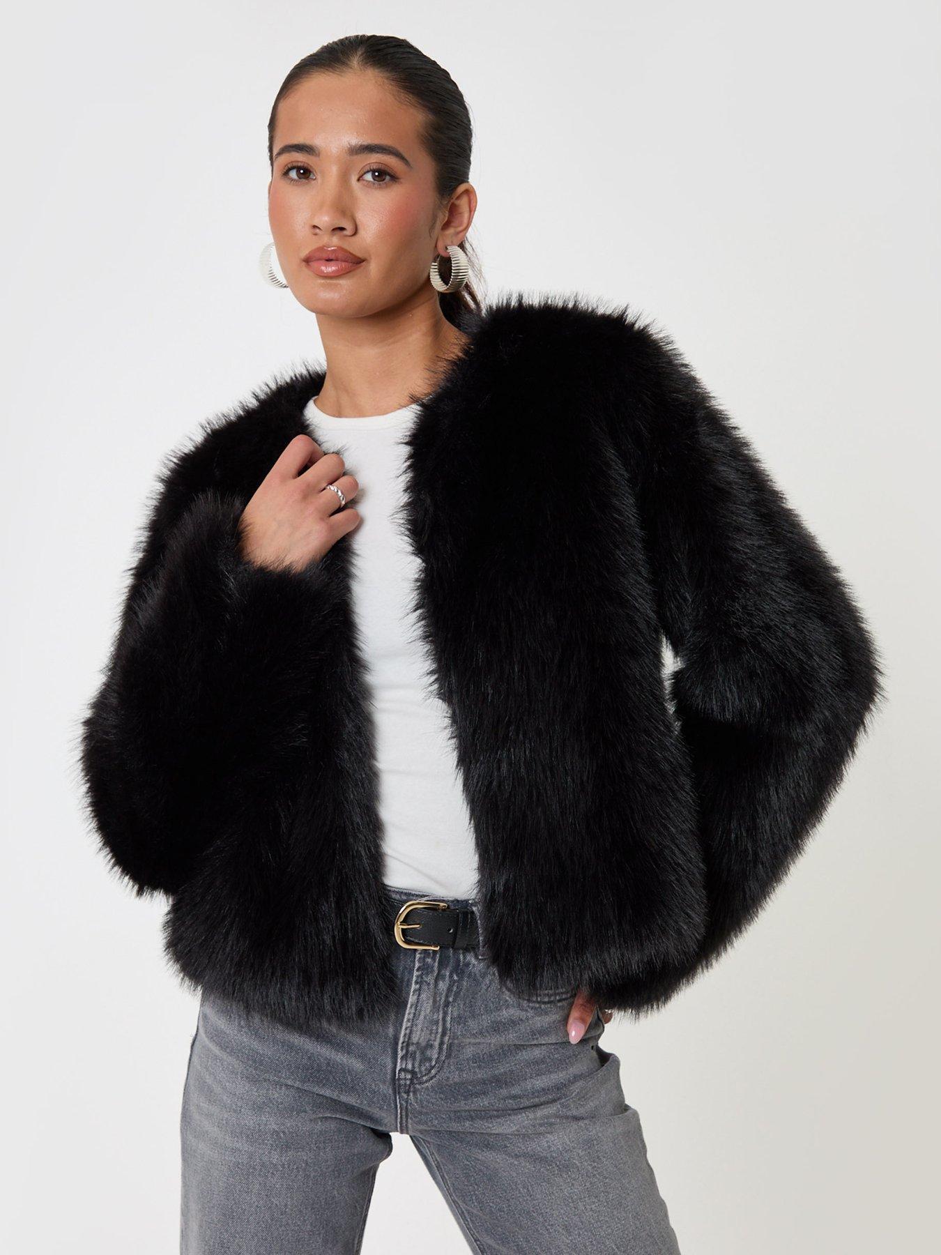 Image 1 of 4 of Threadbare Faux Fur Collarless Jacket In Black