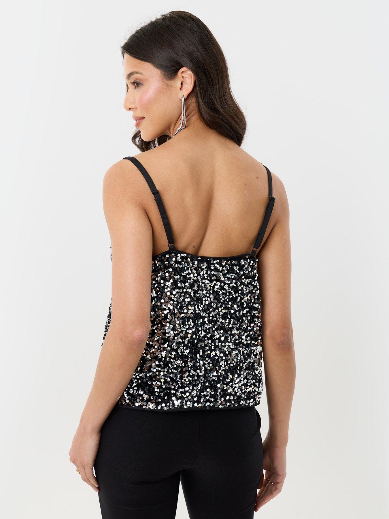 Image 2 of 4 of Threadbare Sequin Cami With Lace Trim In Charcoal Grey