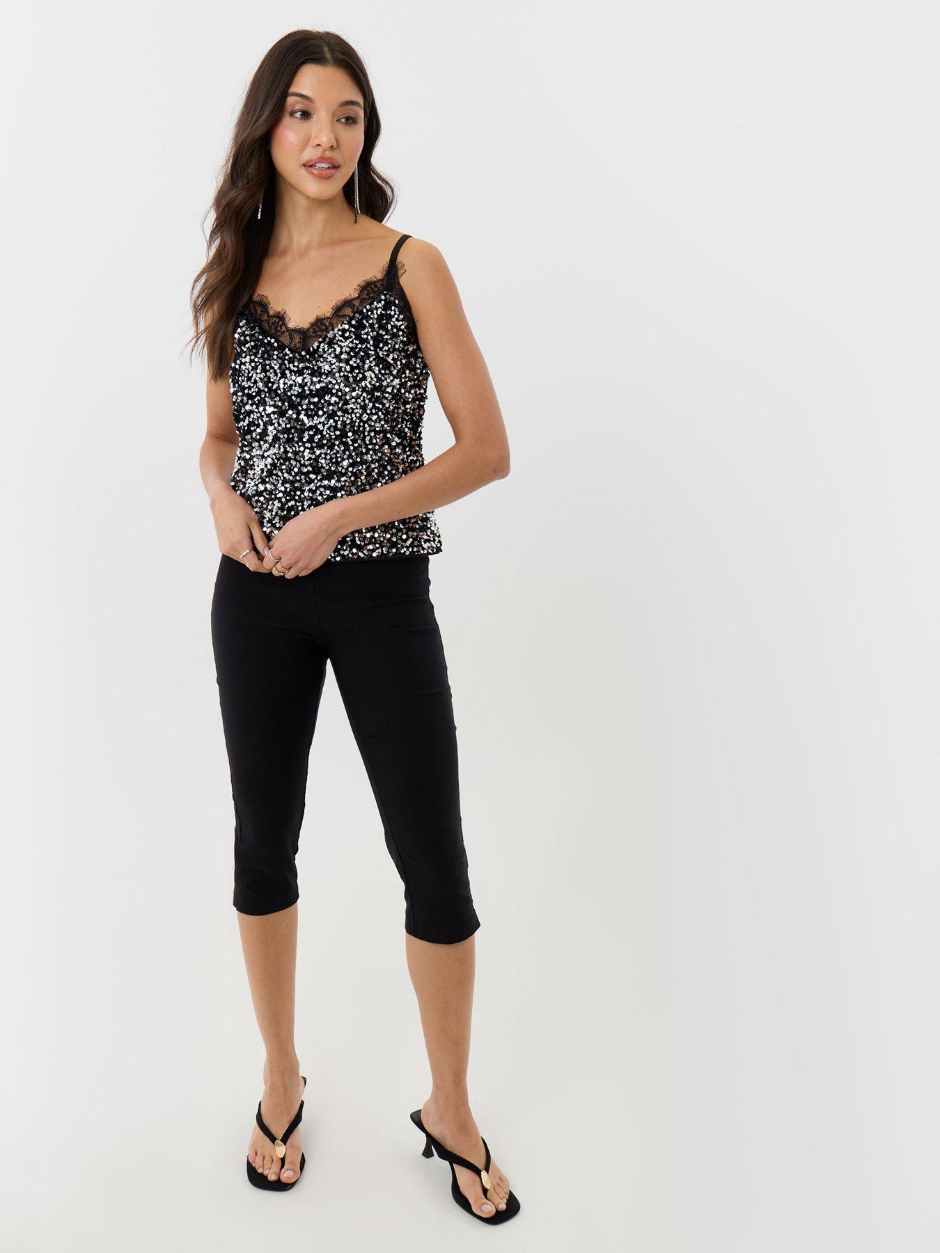 Image 3 of 4 of Threadbare Sequin Cami With Lace Trim In Charcoal Grey