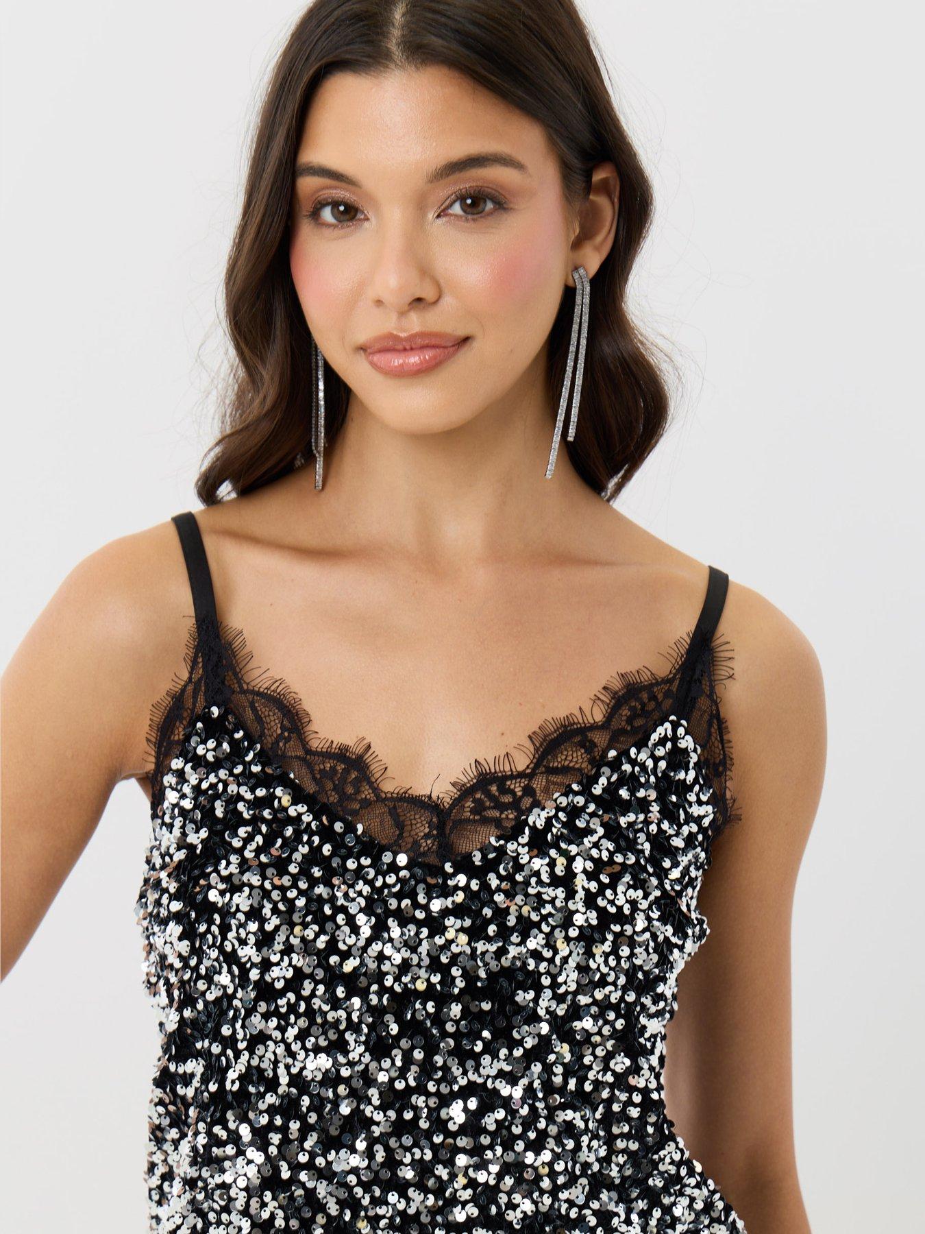 Image 4 of 4 of Threadbare Sequin Cami With Lace Trim In Charcoal Grey