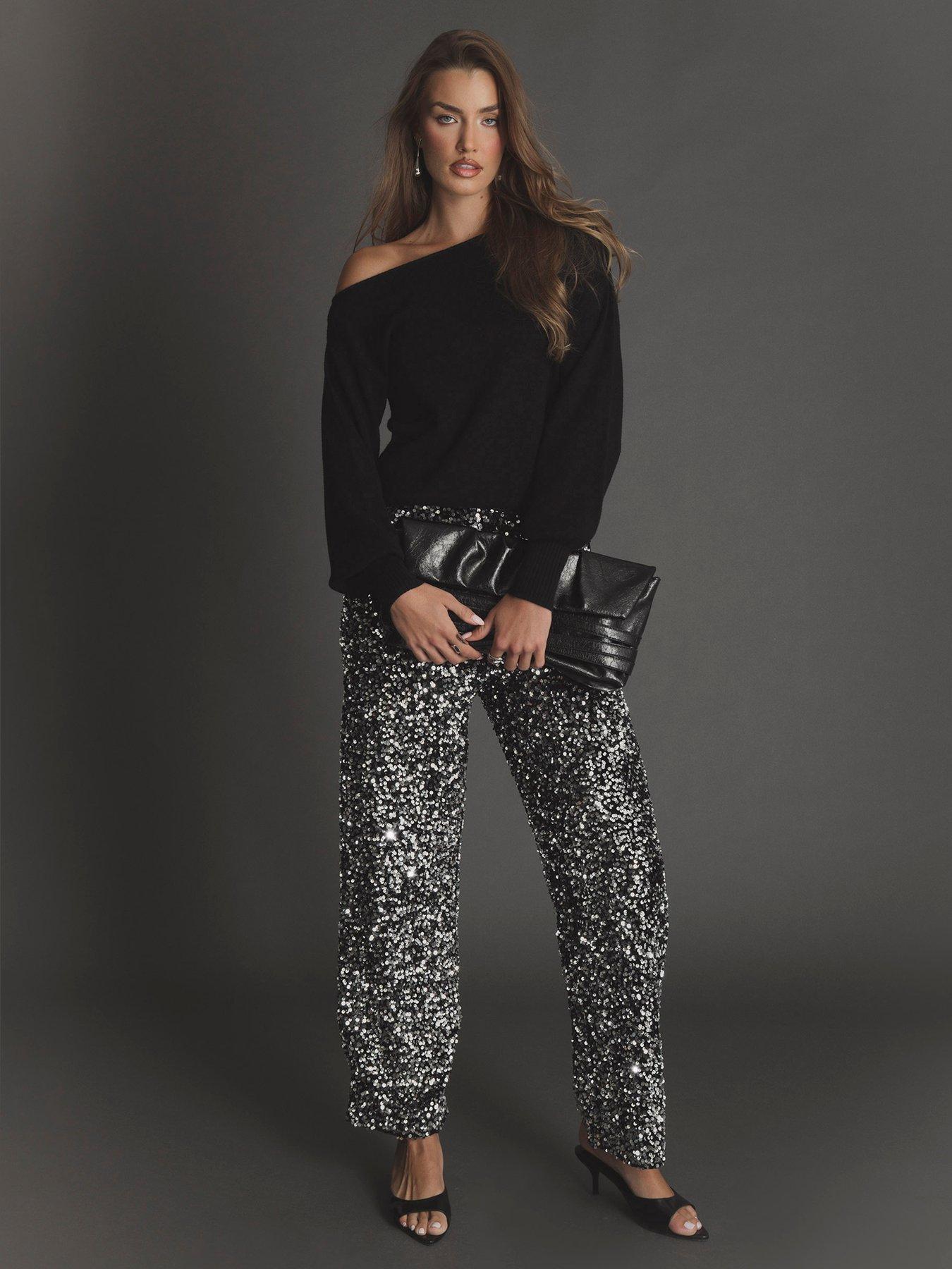 Image 1 of 4 of Threadbare Sequin Wide Leg Trousers In Charcoal Grey