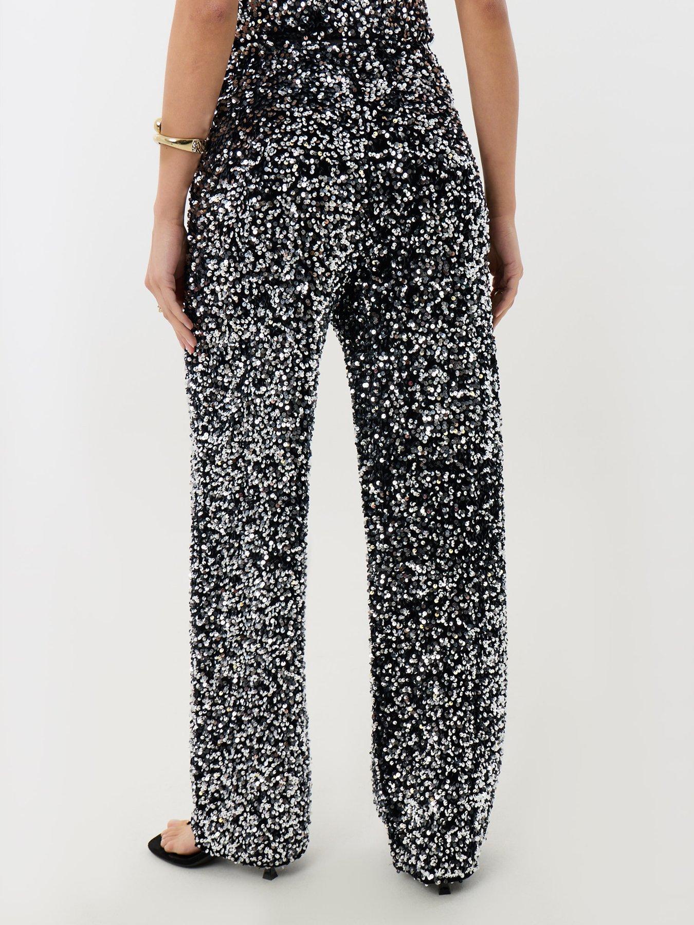 Image 2 of 4 of Threadbare Sequin Wide Leg Trousers In Charcoal Grey