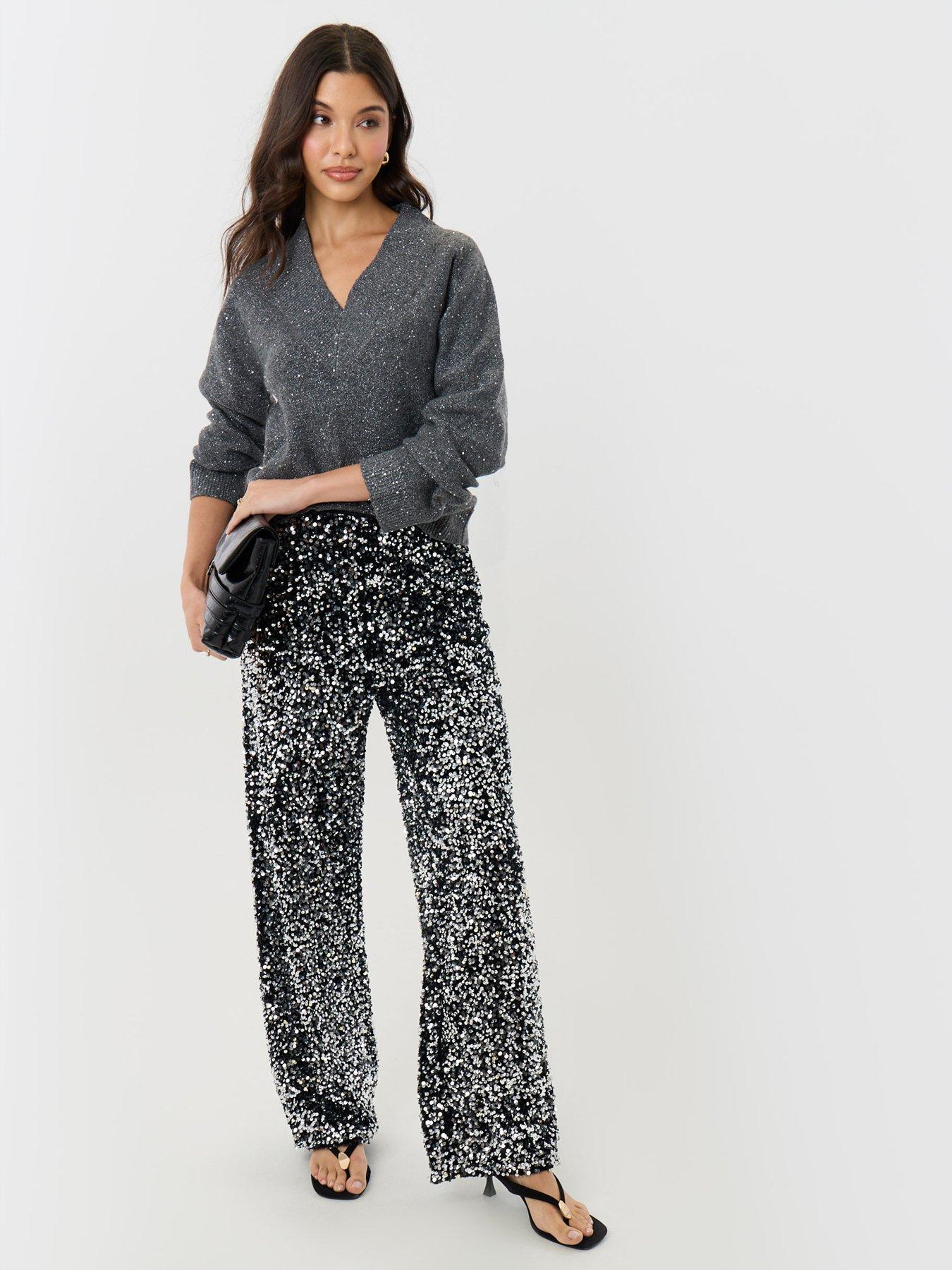 Image 3 of 4 of Threadbare Sequin Wide Leg Trousers In Charcoal Grey
