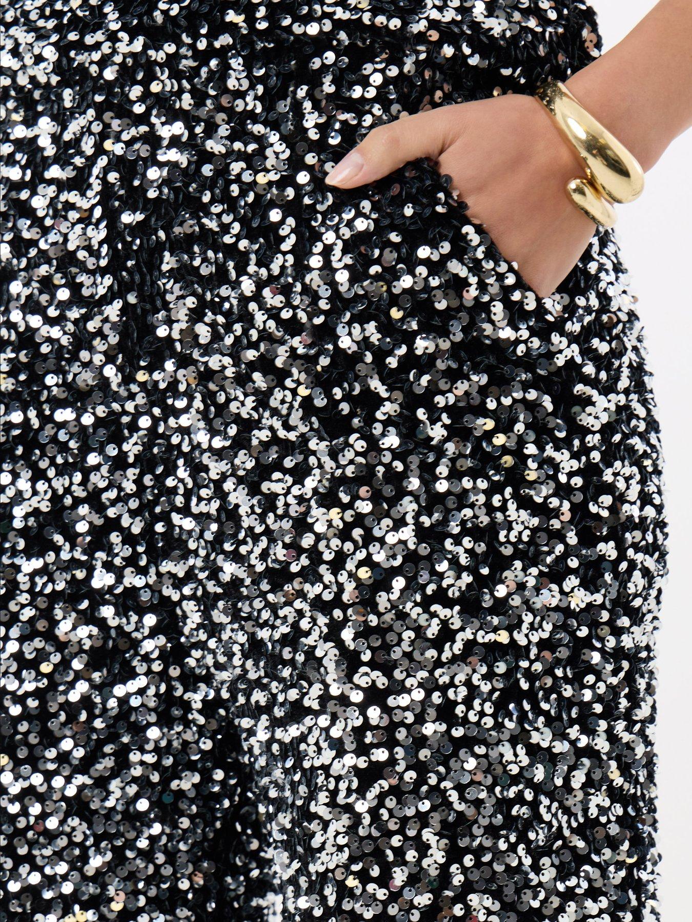Image 4 of 4 of Threadbare Sequin Wide Leg Trousers In Charcoal Grey