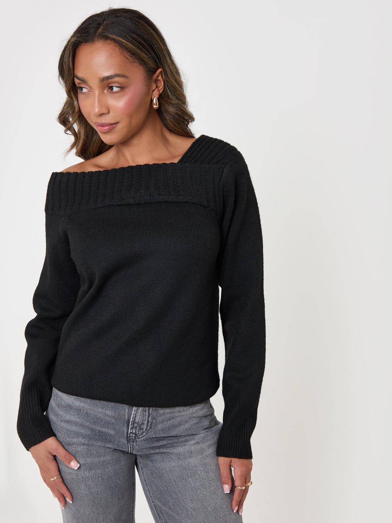 Image 1 of 4 of Threadbare Womens Asymmetric Slash Neck Jumper - Black