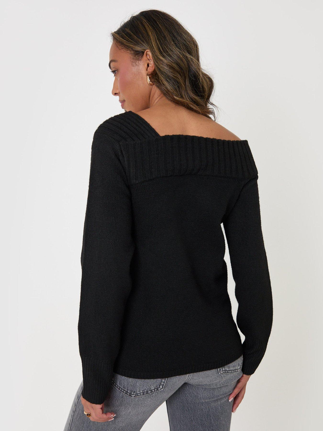 Image 2 of 4 of Threadbare Womens Asymmetric Slash Neck Jumper - Black