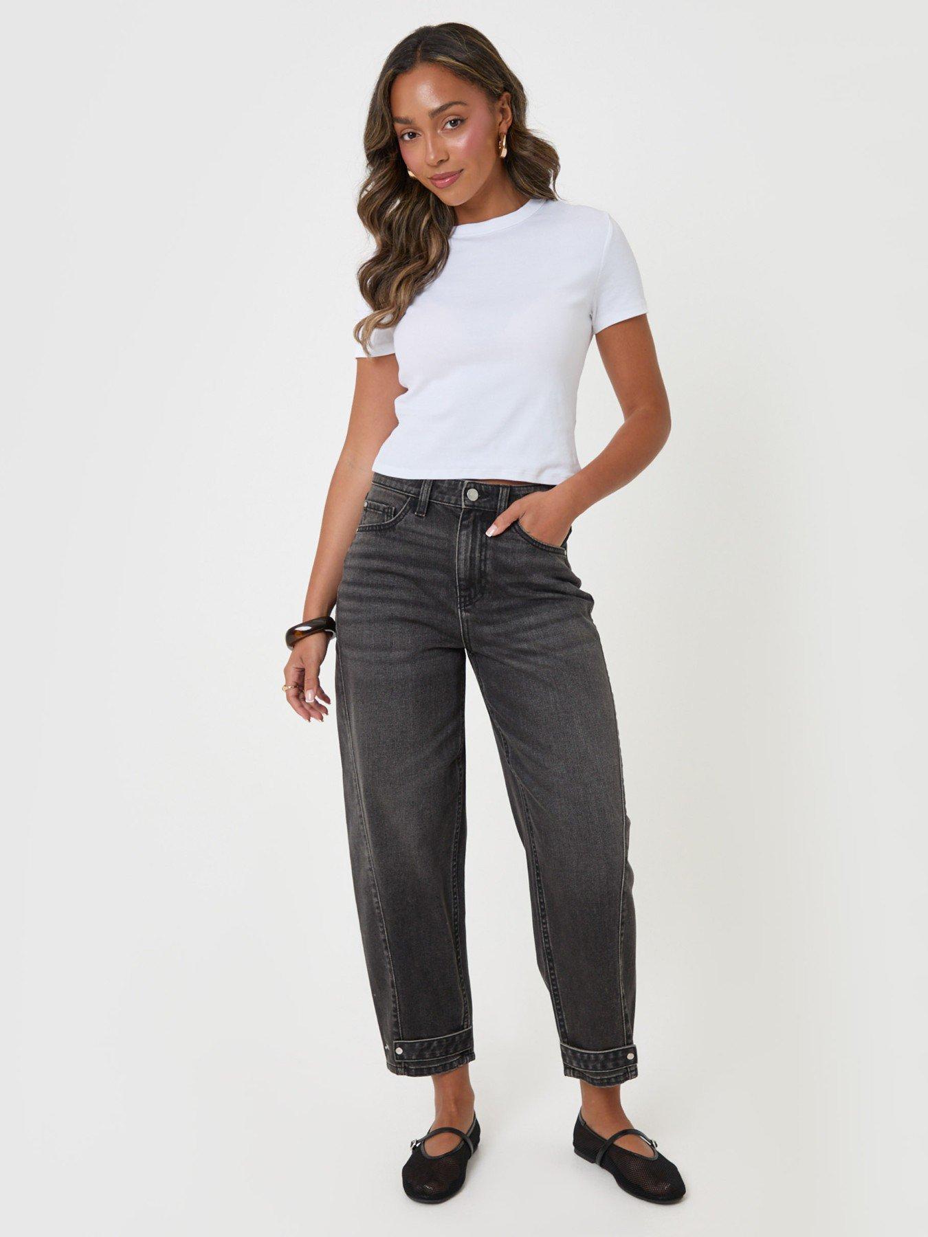 Image 5 of 5 of Threadbare Womens Strap Cuff Barrel Leg Jeans - Black