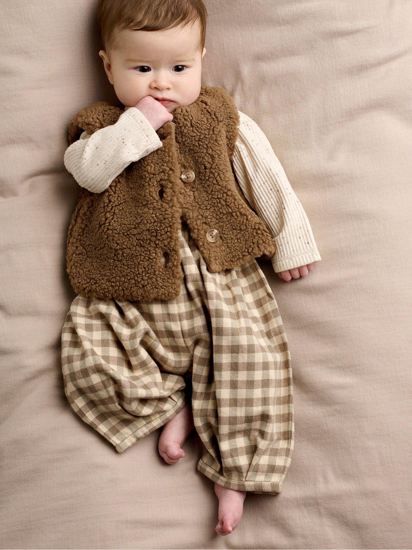 Mamas & Papas Baby Unisex 3 Piece Bodysuit, Borg Gilet & Gingham Trouser Outfit Set - Beige
